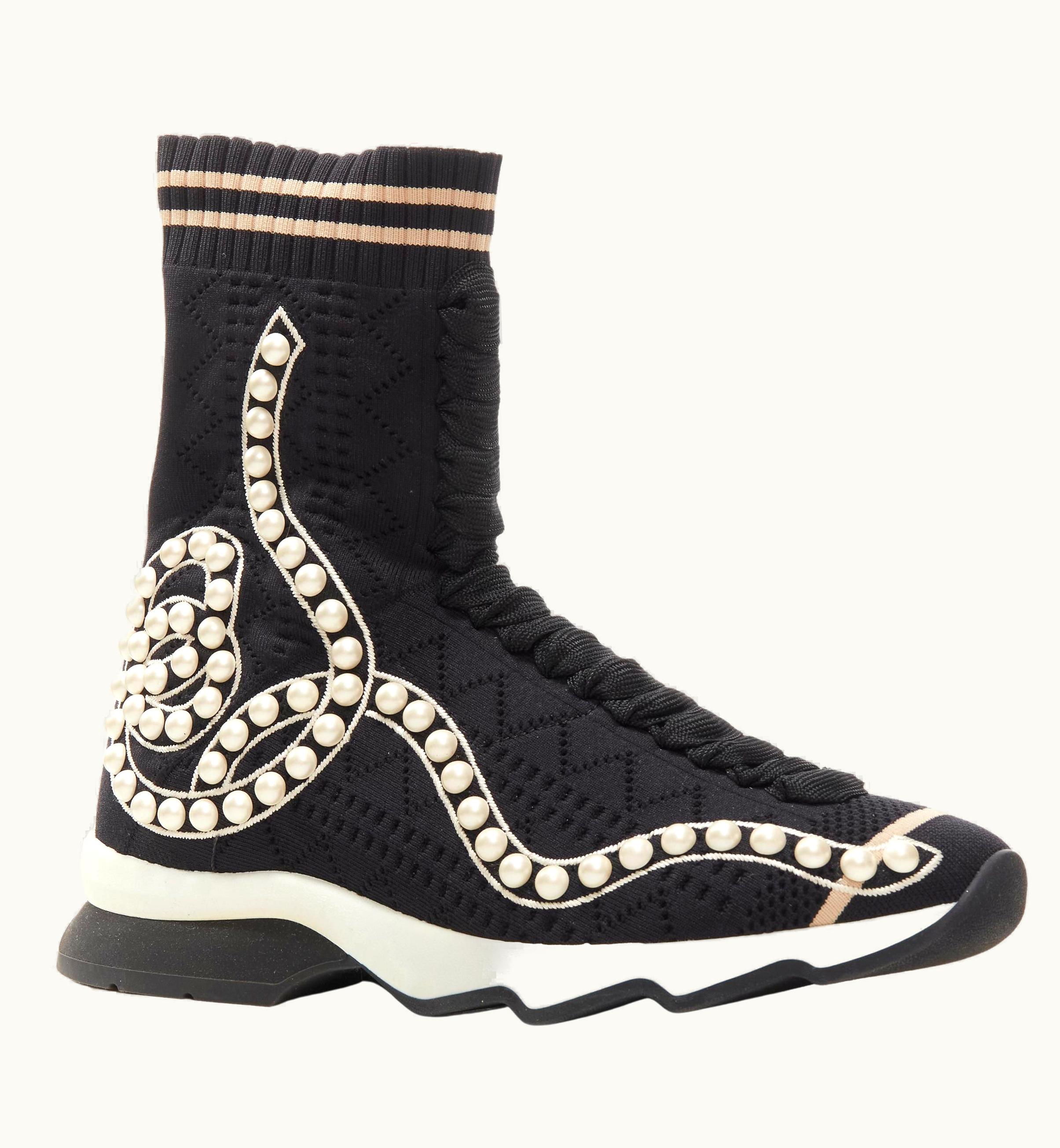 Fendi Fendi Rockoko Black Pearl Embellished Black Sock Knit High Top Sneaker