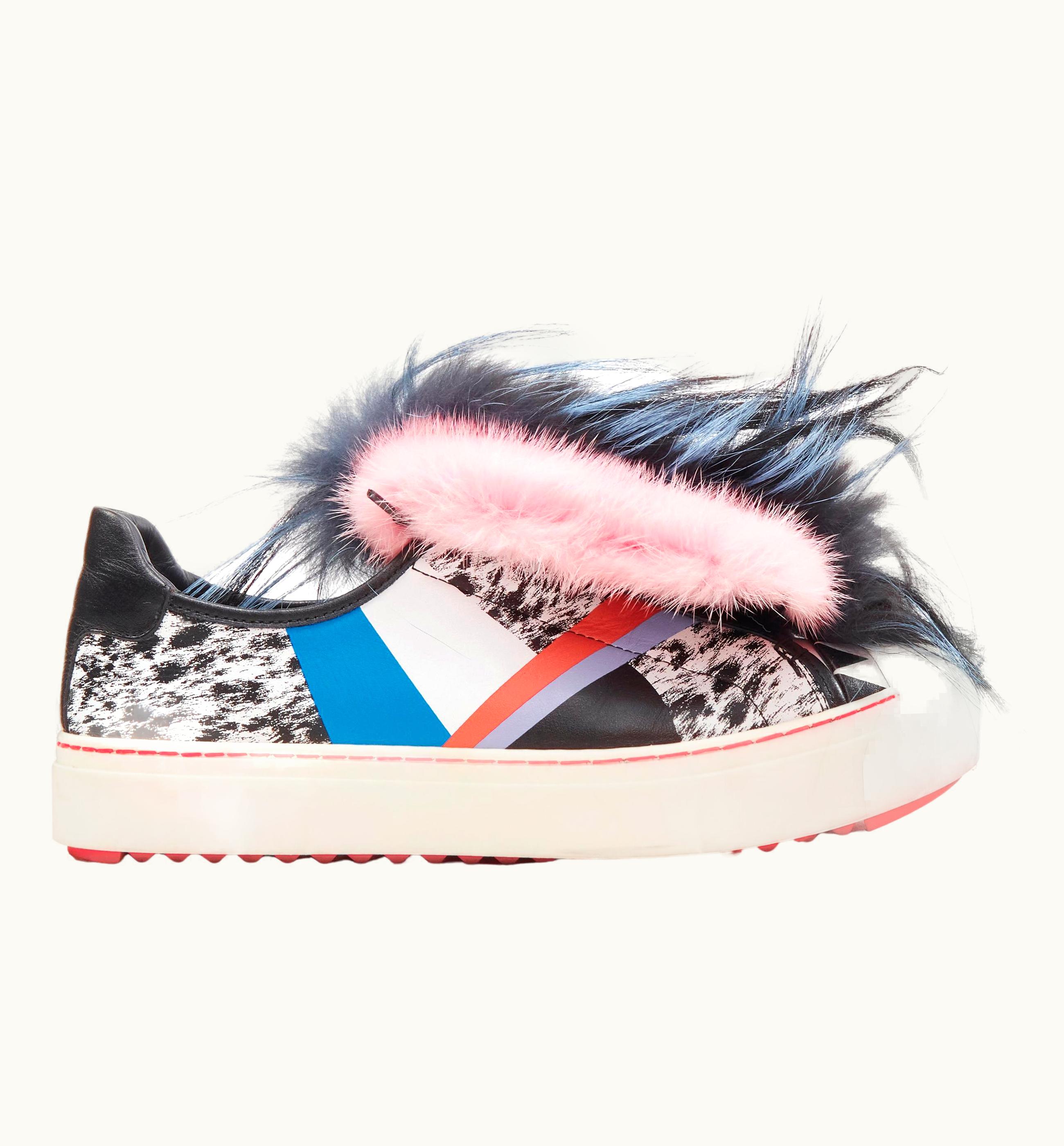Fendi Fendi Flynn Pink Mohawk Fur Panel Printed Leather Low Top Sneaker