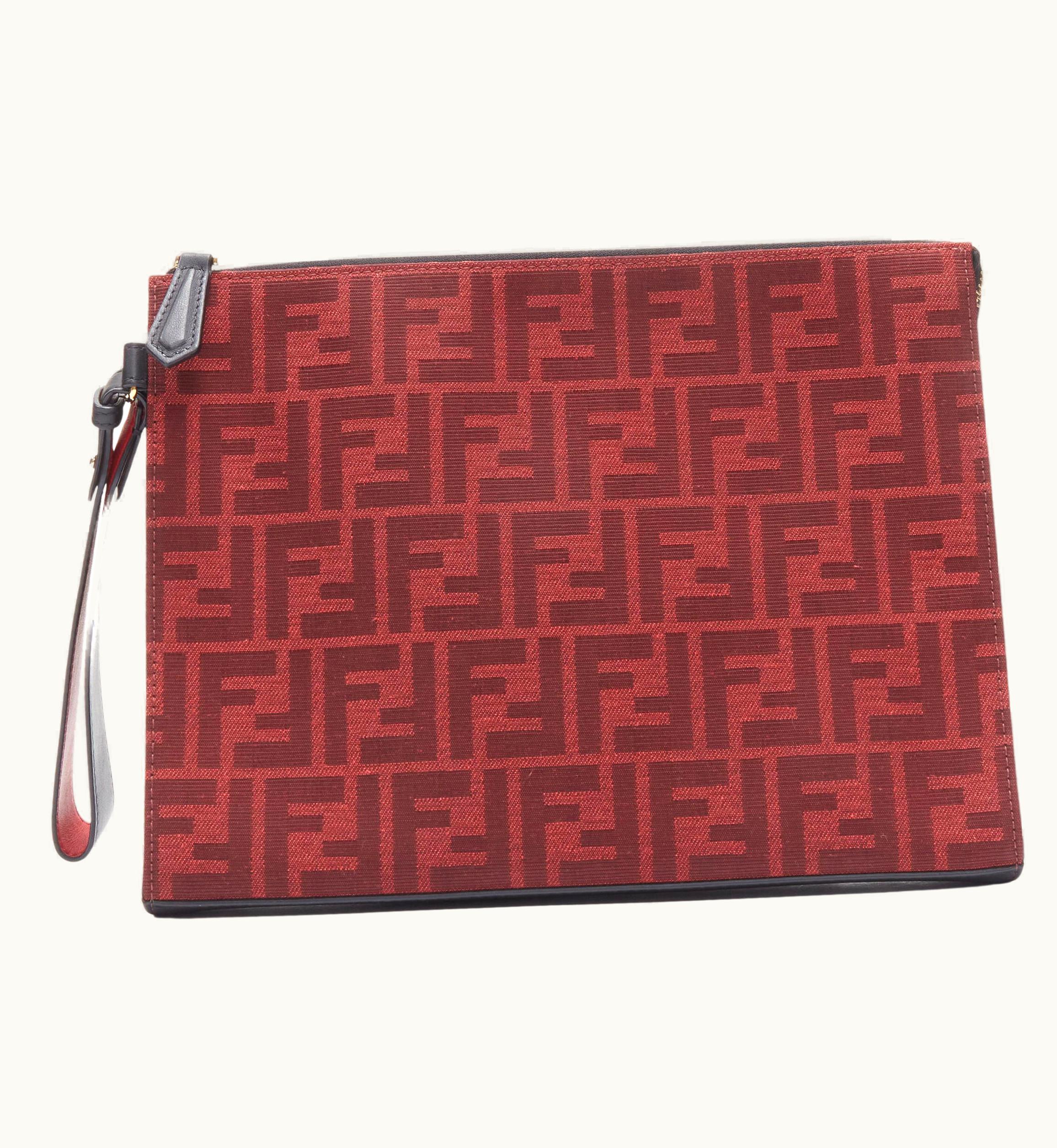 Fendi Fendi Zucca Ff Monogram Red Canvas Black Leather Zip Clutch Bag