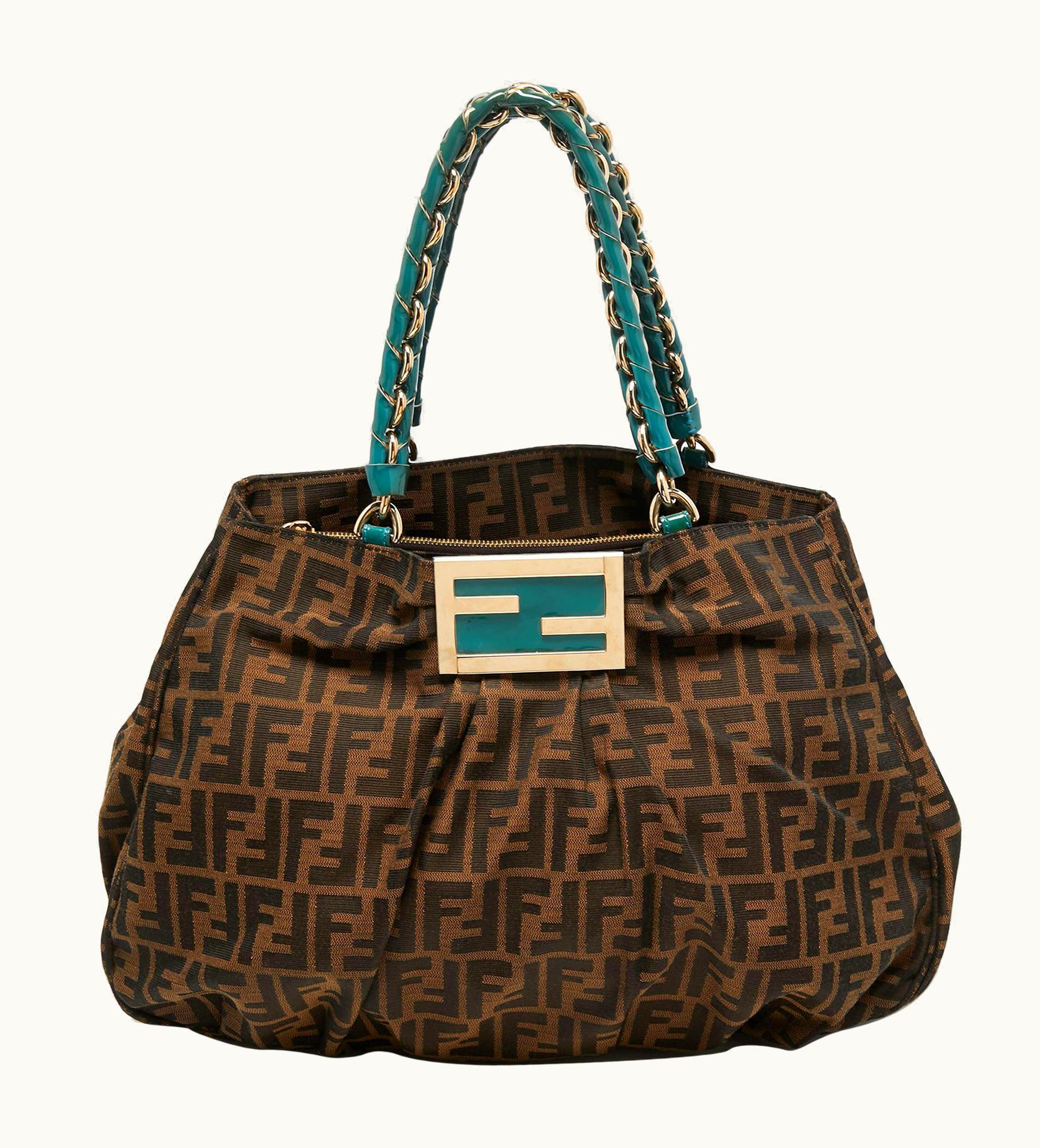 Fendi Fendi Tobacco/Teal Zucca Canvas And Patent Leather Large Mia Hobo