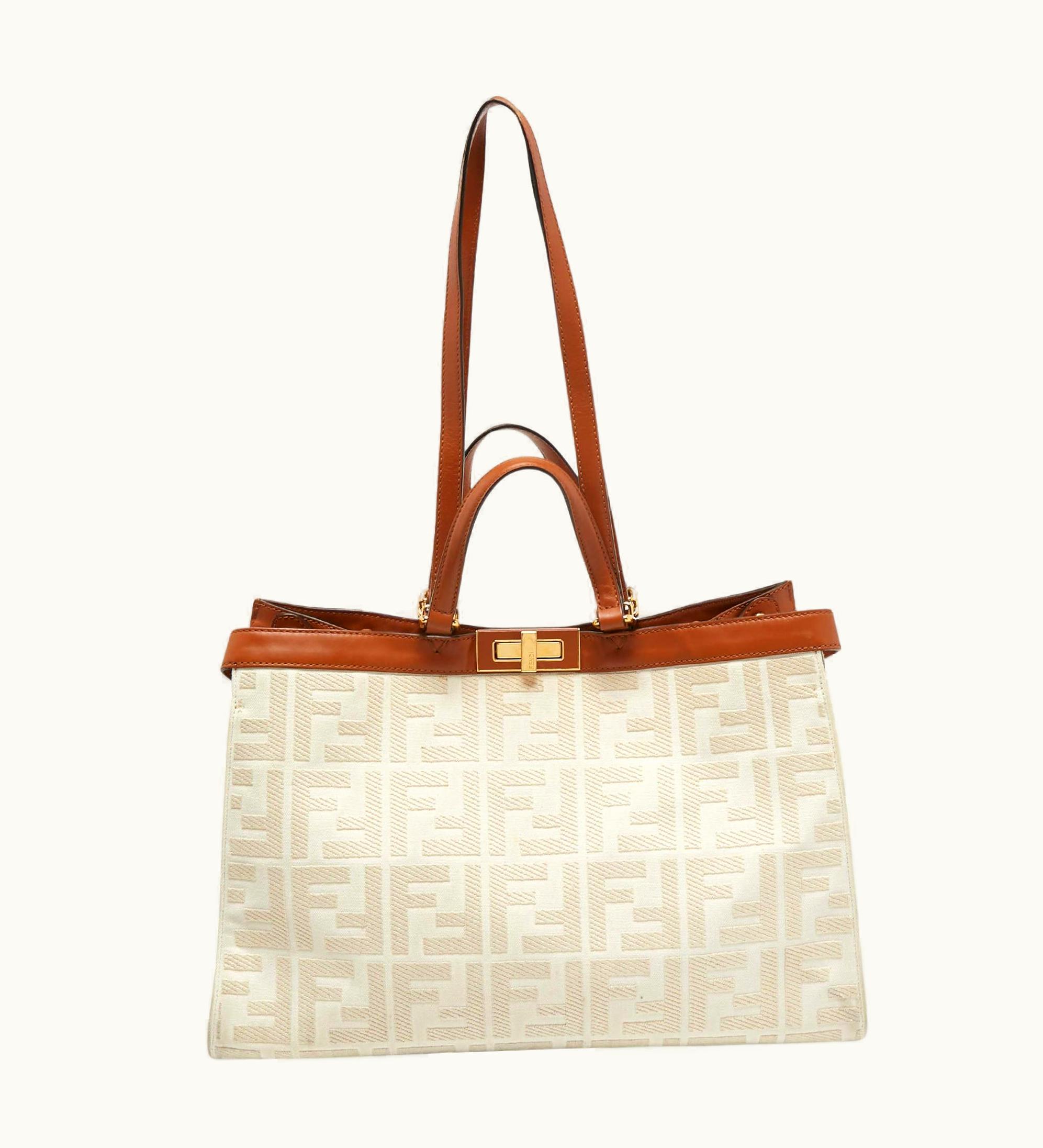 Fendi Fendi Brown/Off White Ff Embroidery Canvas Medium Shopper Tote