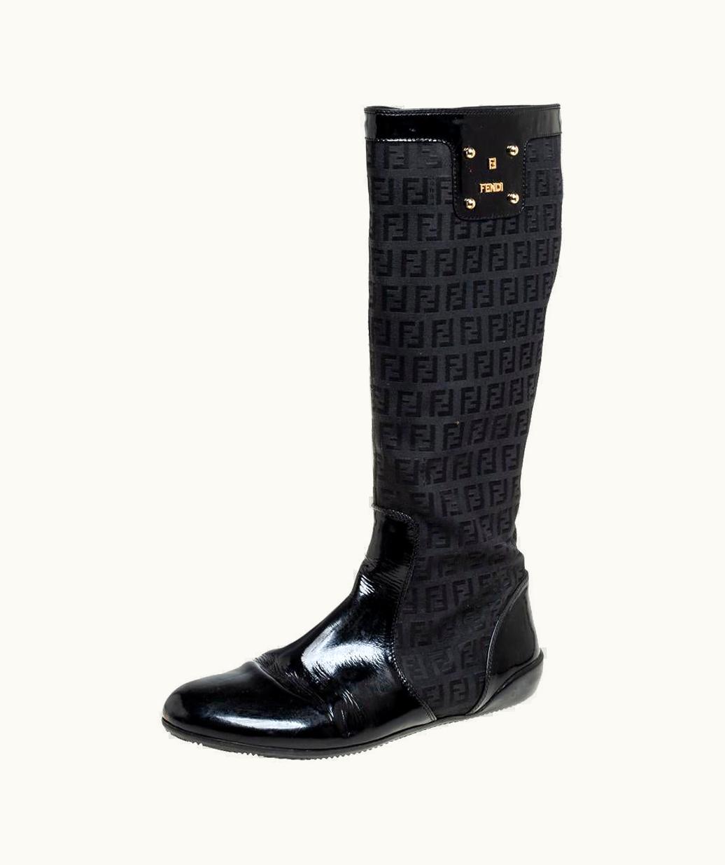 Fendi Fendi Black Zucchino Canvas And Patent Leather Knee High Boots