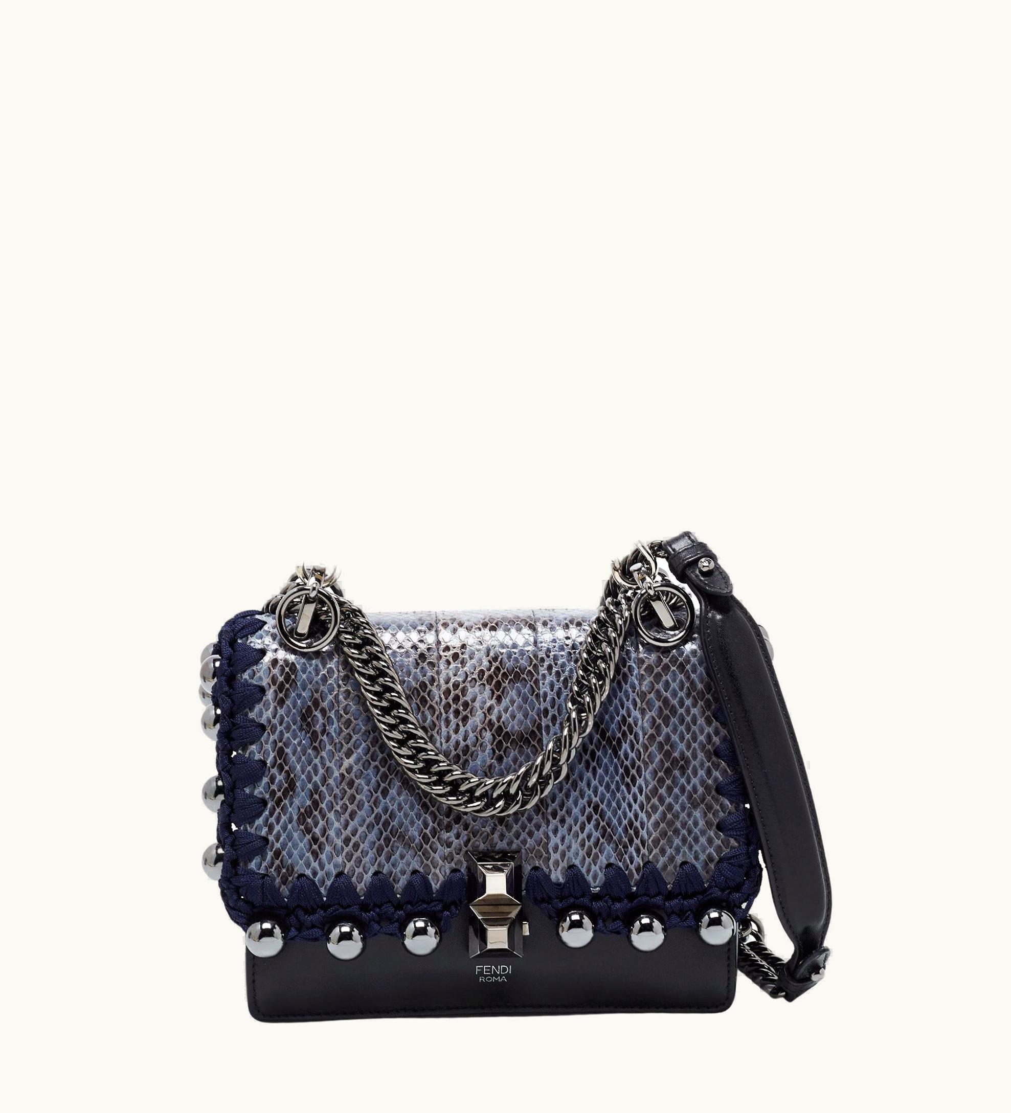 Fendi Fendi Blue/Black Karung And Leather Small Kan I Embellished Shoulder Bag