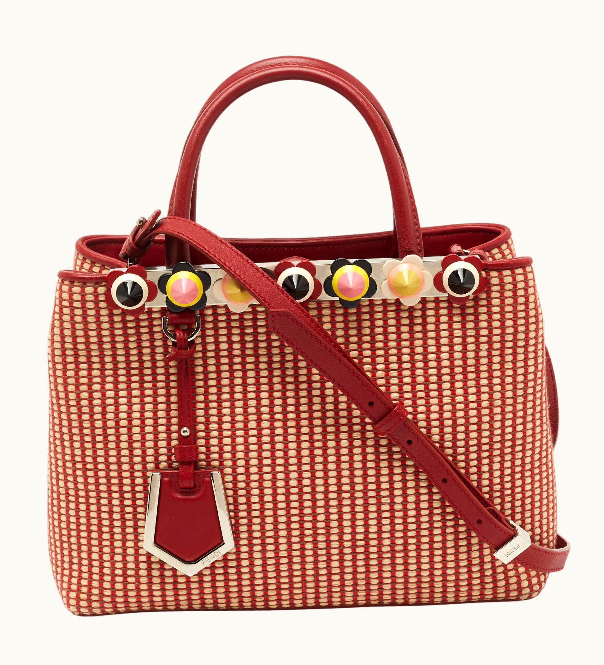 Fendi Fendi Red/Beige Raffia And Leather Mini Flowerland Embellished 2Jours Tote