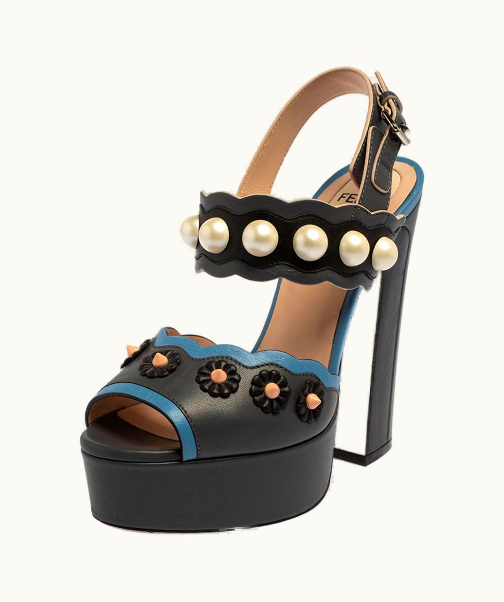 Fendi Fendi Grey/Blue Leather Pearl Studded Platform Ankle Strap Sandals