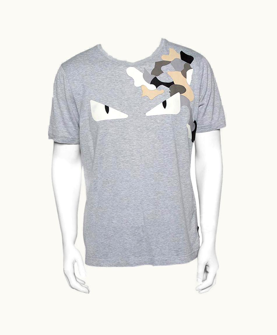 Fendi Fendi Grey Cotton Monster Eyes Leather Patch Detail Crewneck T-Shirt Xxl