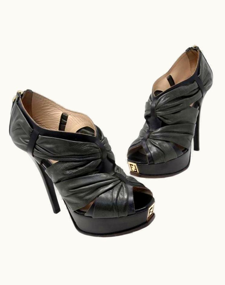 Fendi Fendi Black Lambskin Leather Platform Ff Logo Peep Toe Ankle Booties Pumps