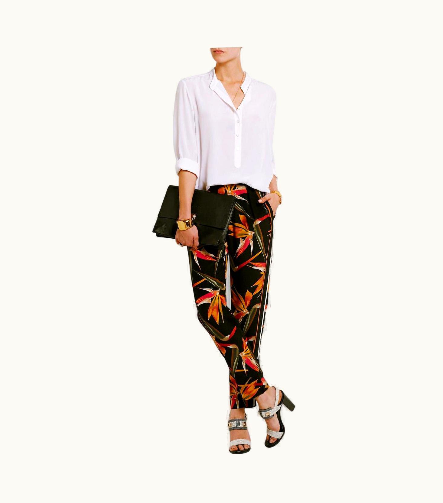 Fendi Fendi 2016 Black Orange White Print Tapered Loose Trousers Silk Pants