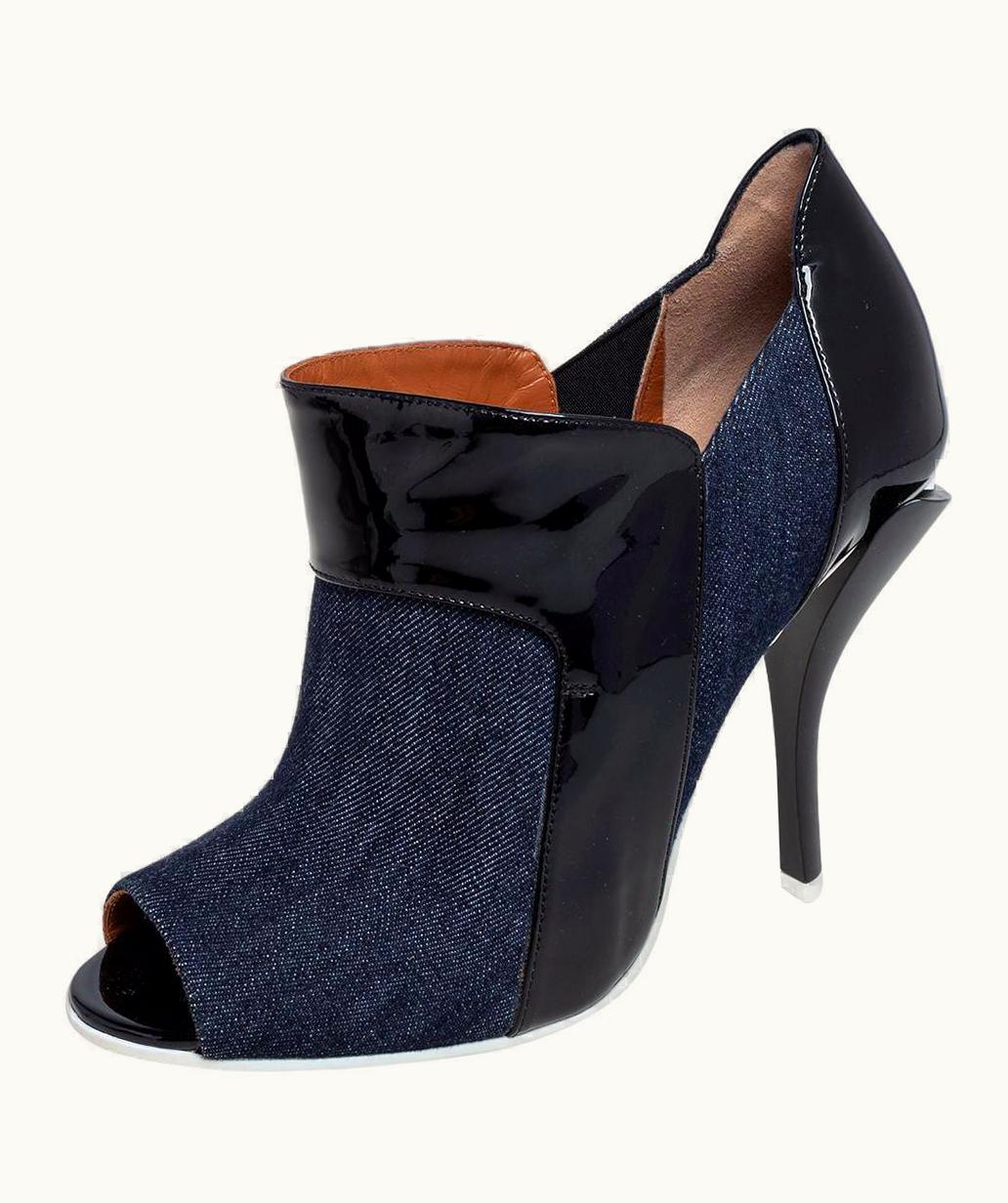 Fendi Fendi Blue/Black Patent Leather And Canvas Peep Toe Booties