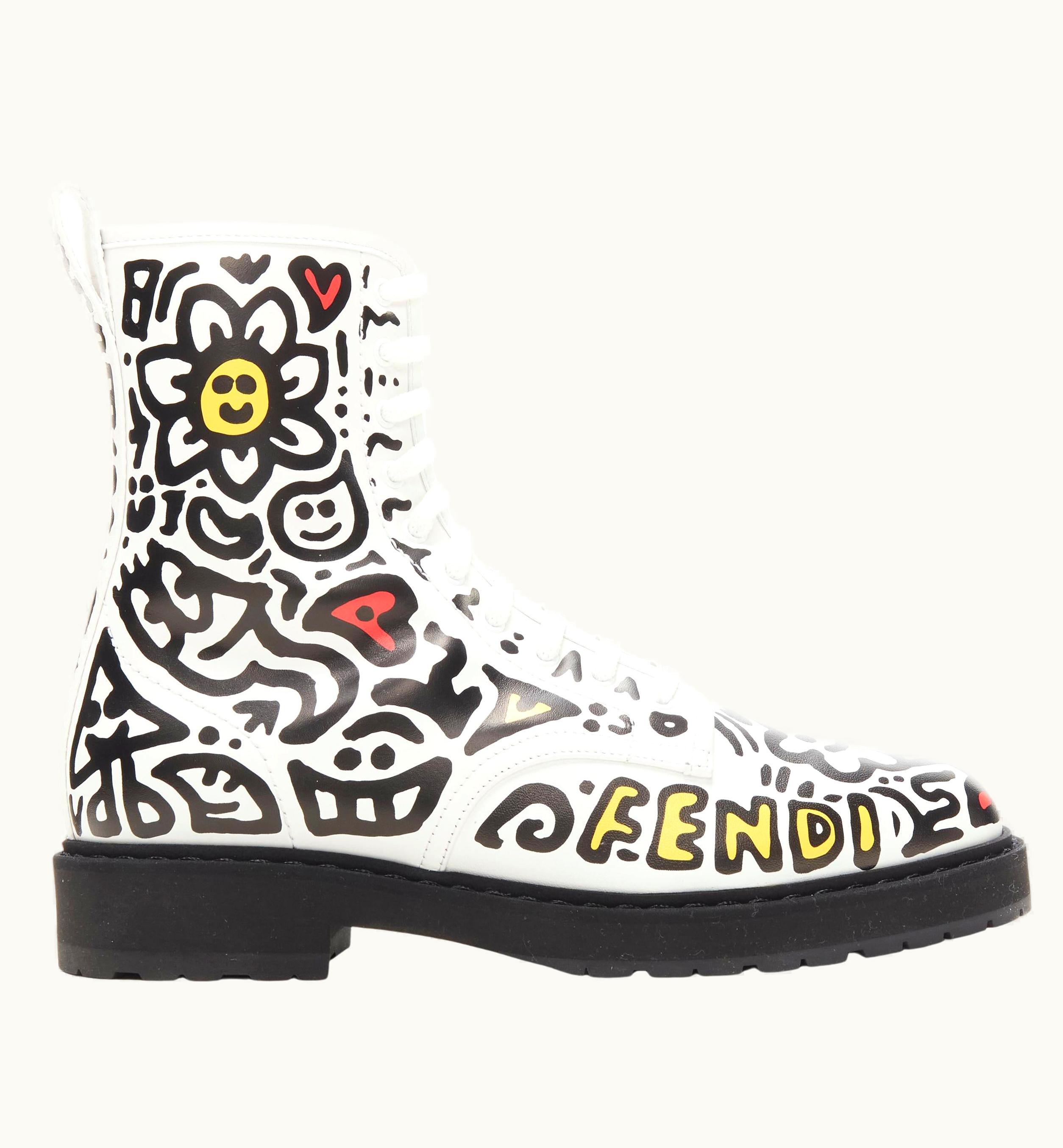 Fendi Rare Fendi Mr Doodle White Logo Graffiti Print Laced Combat Ankle Boot