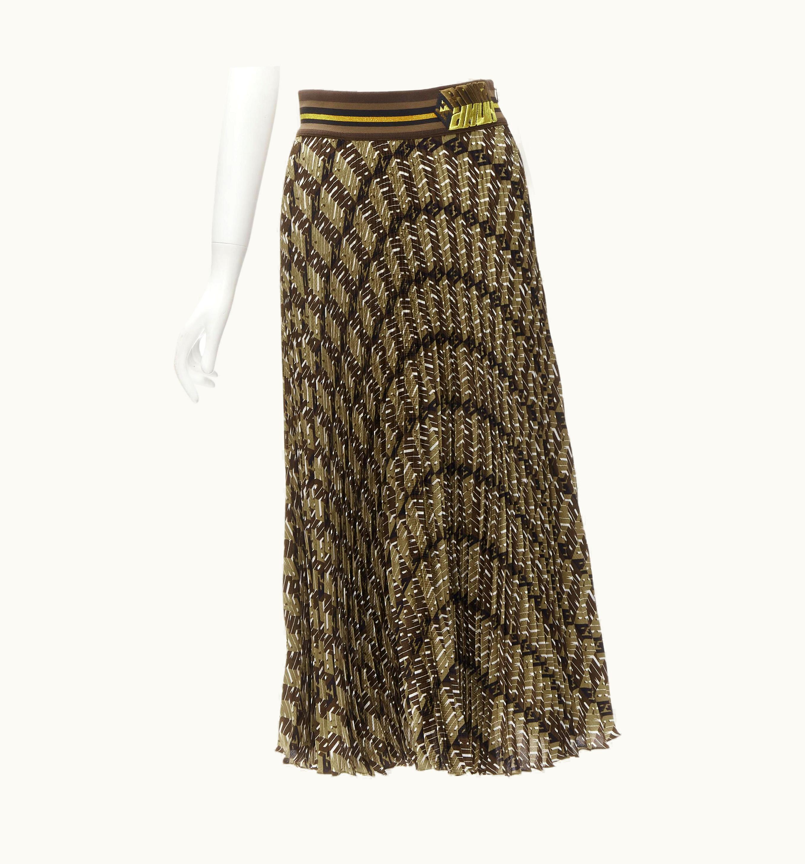 Fendi Fendi Roma Amor Brown Gold Graphic Print Pleated Plisse Silk Skirt