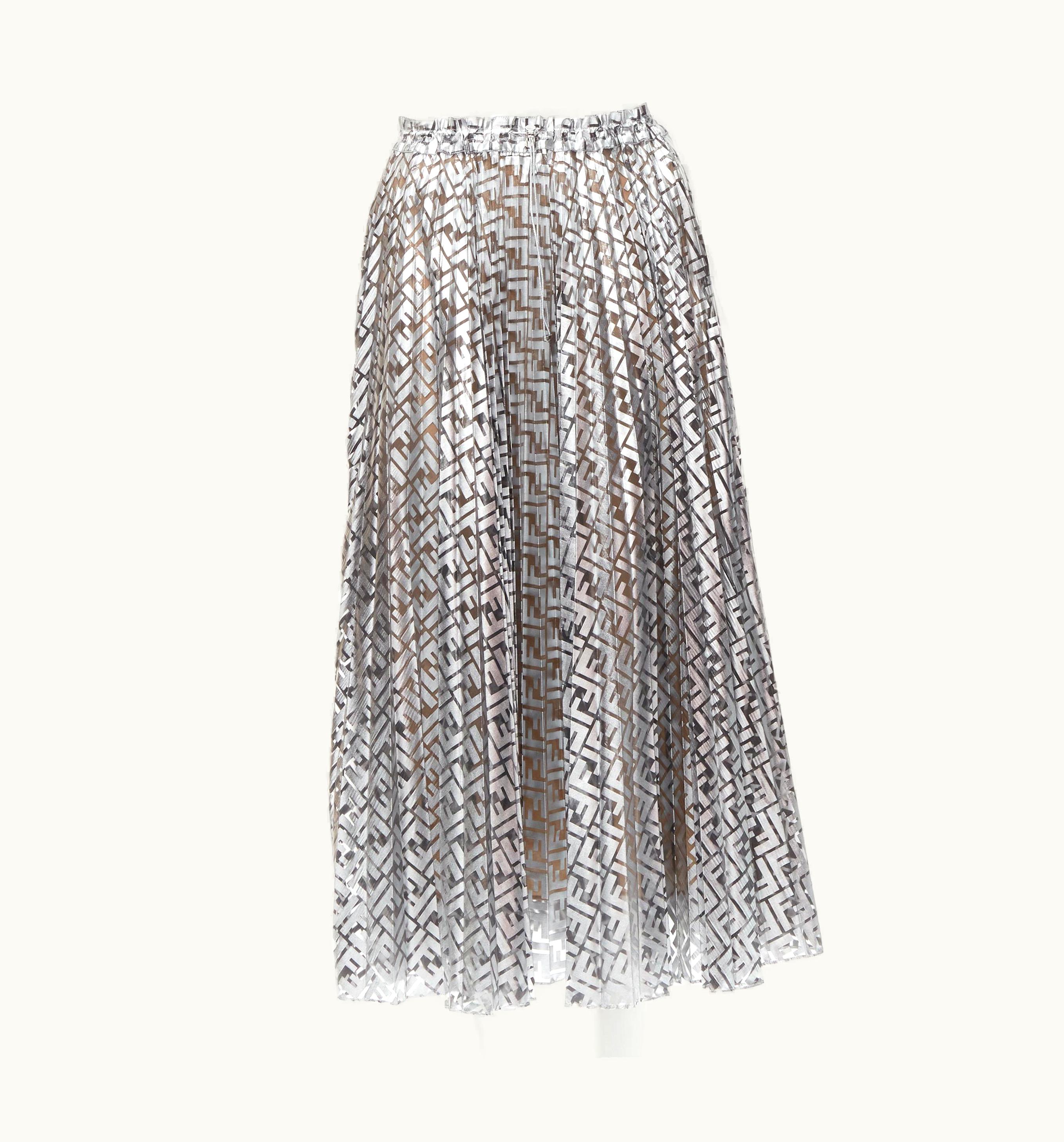 Fendi Fendi Nicki Minaj Prints On Ff Zucca Monogram Silver Pleated Skirt