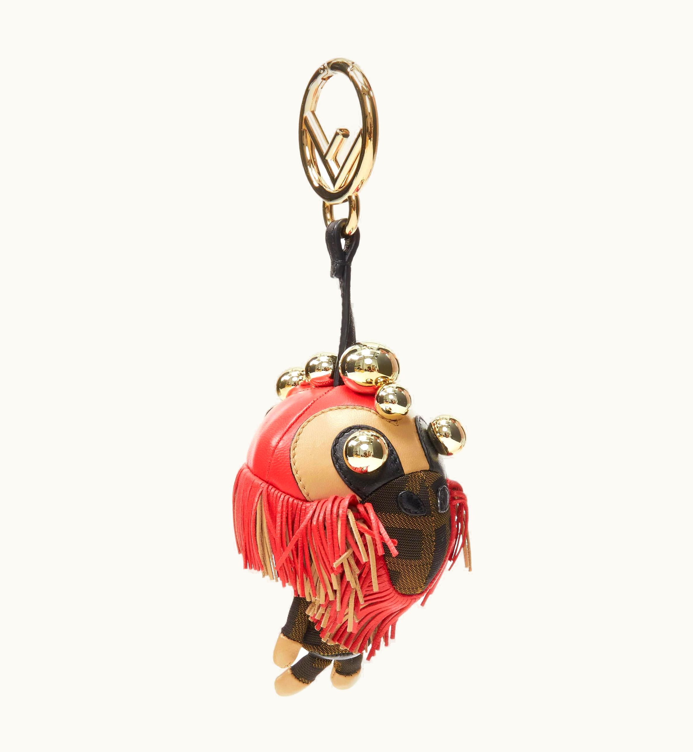 Fendi Fendi Space Monkey Zucca Ff Monogram Red Fringe Gold Stud Keyring Bag Charm