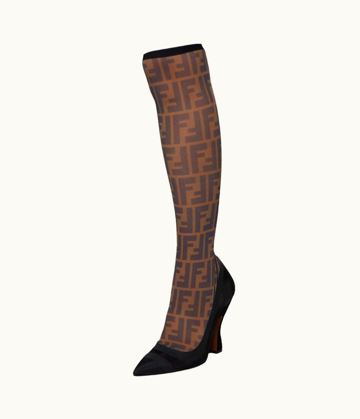Fendi Fendi Black/Beige Zucca Mesh And Fabric Colibri Knee Length Boots