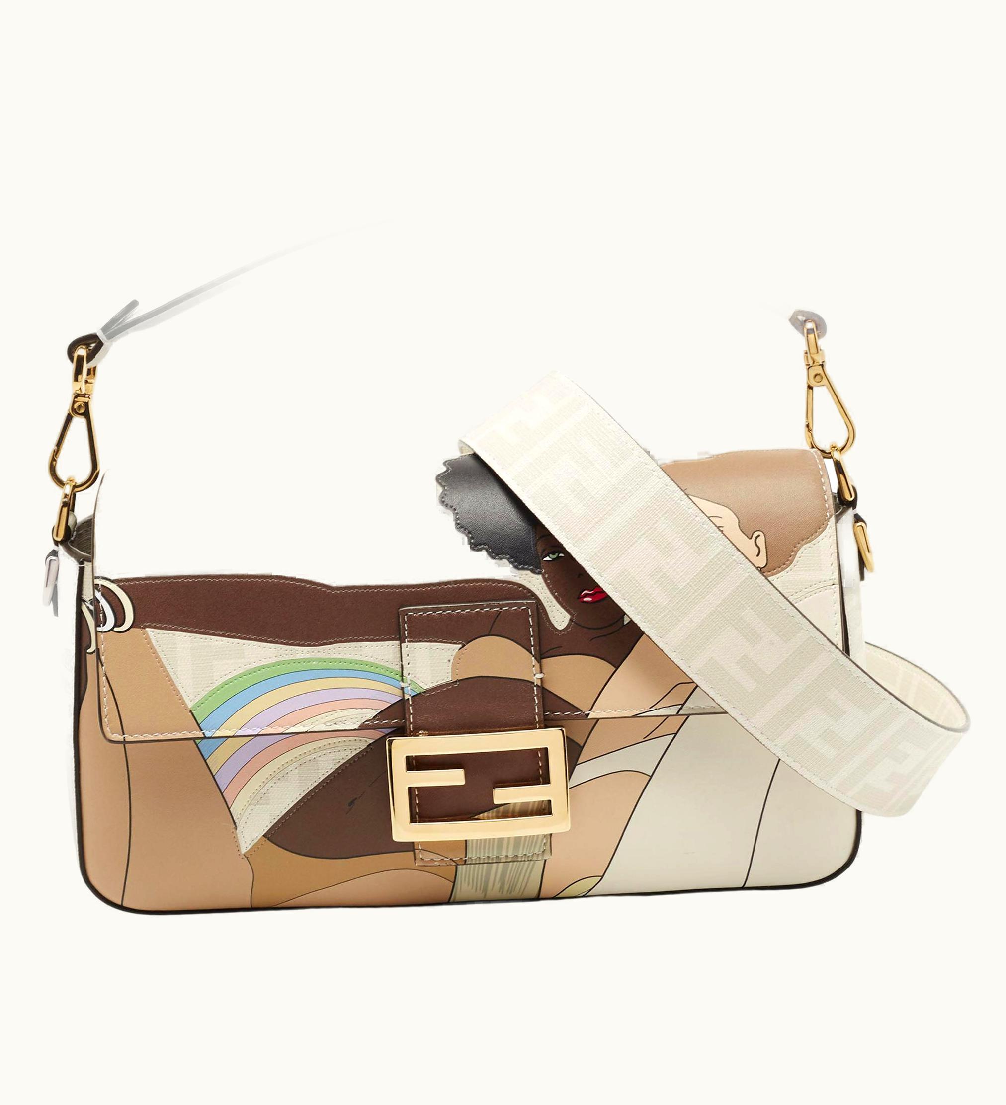 Fendi Fendi White Ff Glazed Coated Canvas And Leather Inlay Baguette Shoulder Bag