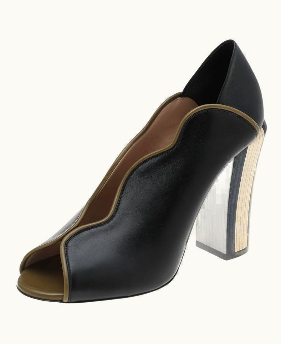 Fendi Fendi Black/Olive Green Wave Leather Block Heel Peep Toe Pumps UZ0599747