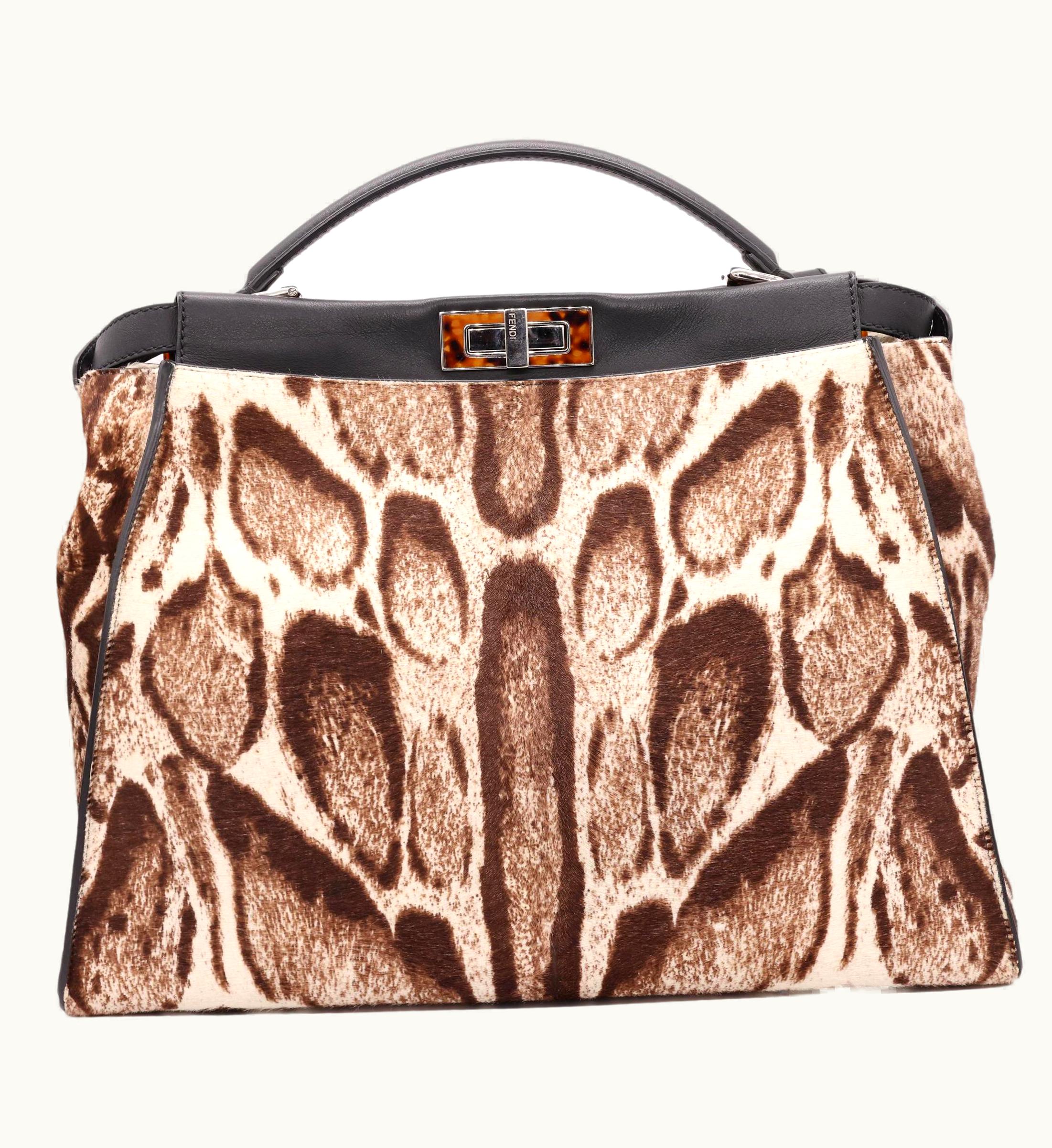 Fendi Fendi Brown And White Leopard Print Calf Hair Large Shoulder Peekaboo Tote Bag