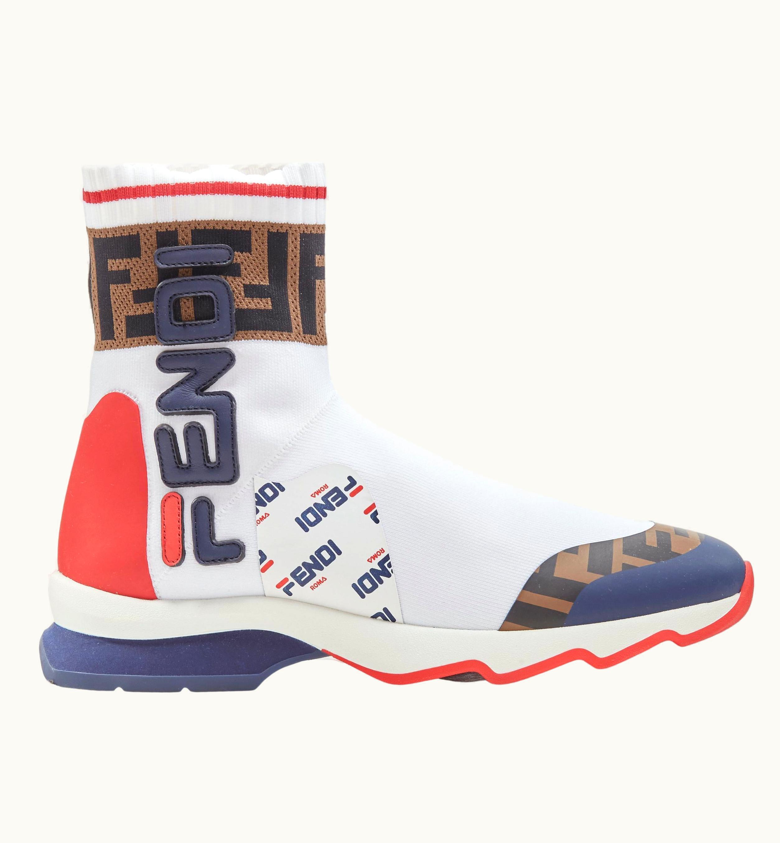 Fendi Fendi Fila Mania White Logo Lettering Zucca Ff Sock Knit High Top Sneaker