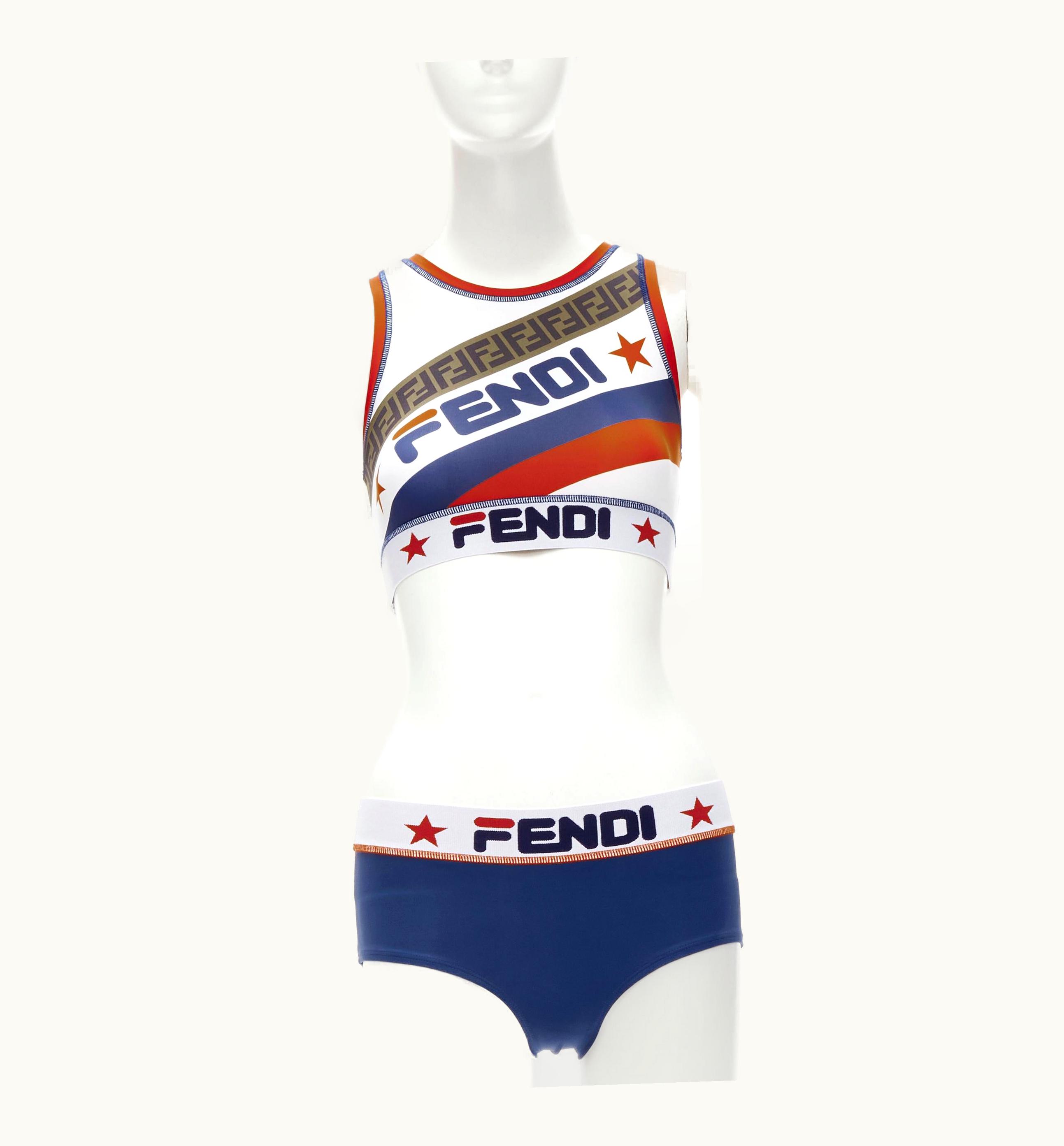 Fendi Fendi Fila Mania Zucca Logo Print White Blue 2 Piece Bikini Set