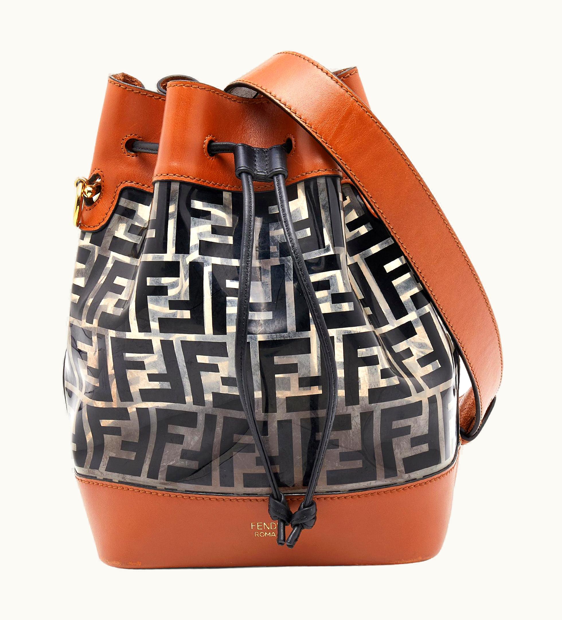 Fendi Fendi Brown/Black Leather And Pvc Ff Logo Print Mon Tresor Bucket Bag