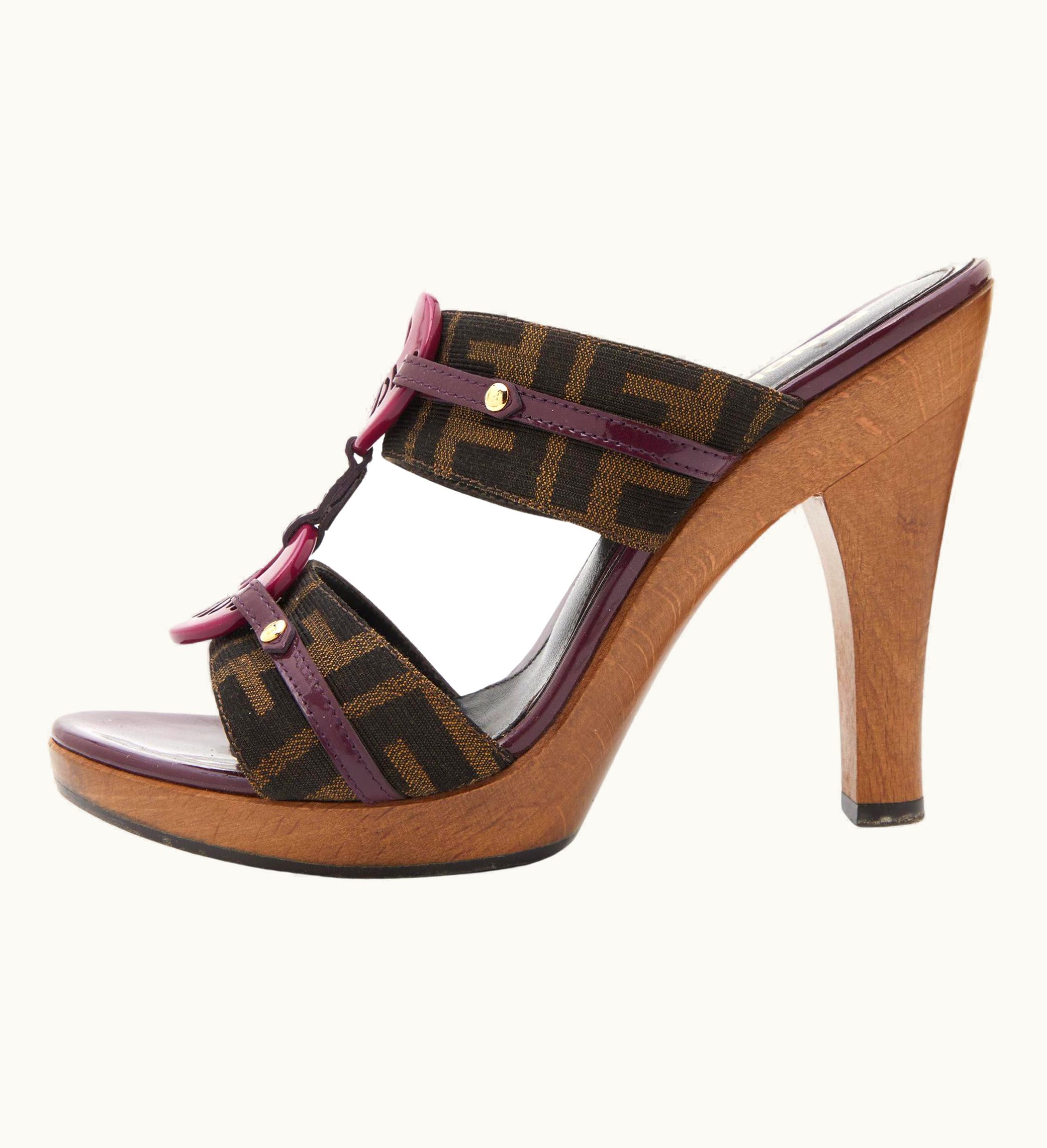 Fendi Fendi Brown/Plum Zucca Canvas And Patent Leather Platform Slide Sandals