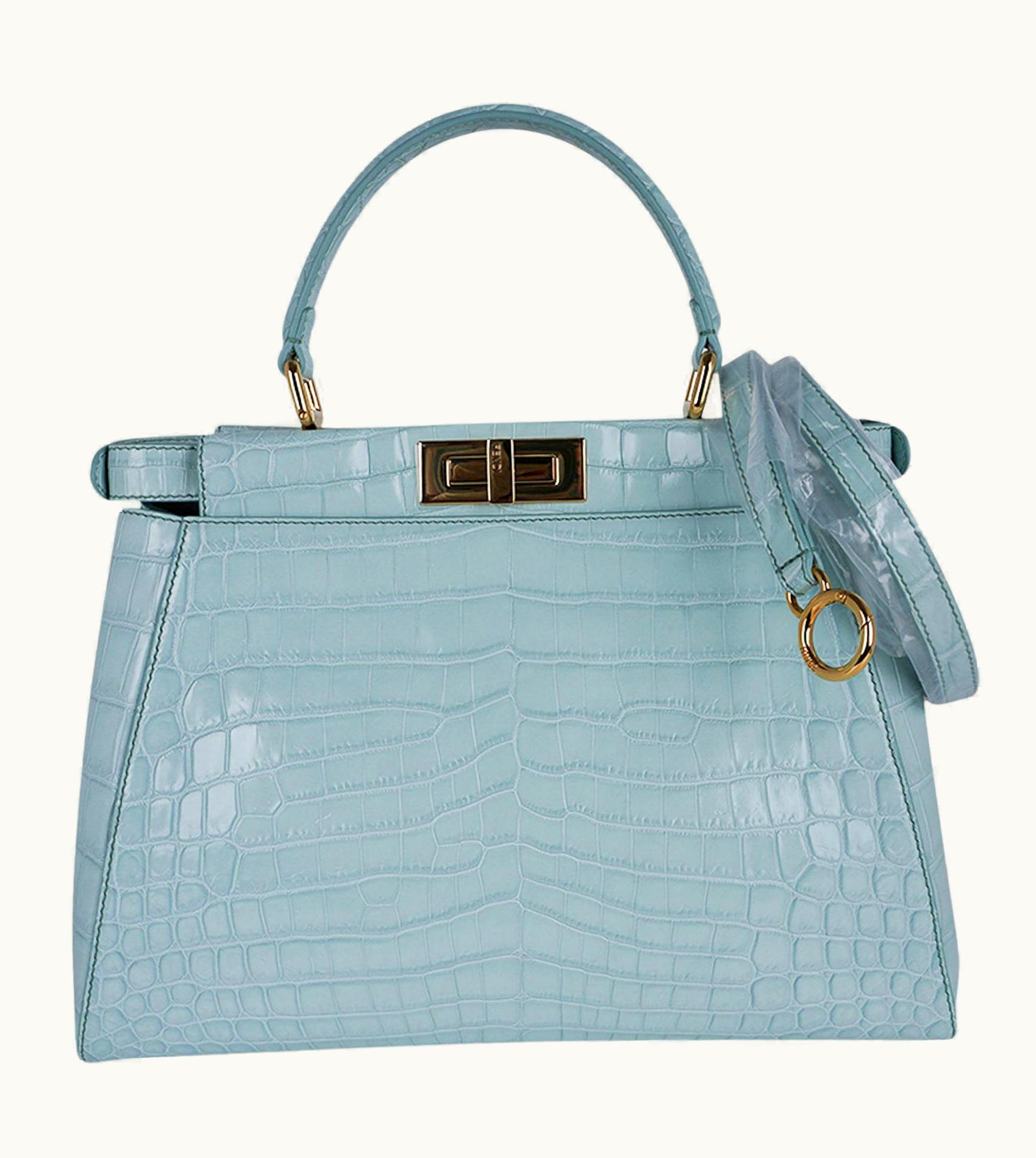 Fendi Fendi Bag Peekaboo Mint Crocodile Medium Satchel Pastel Ice Blue
