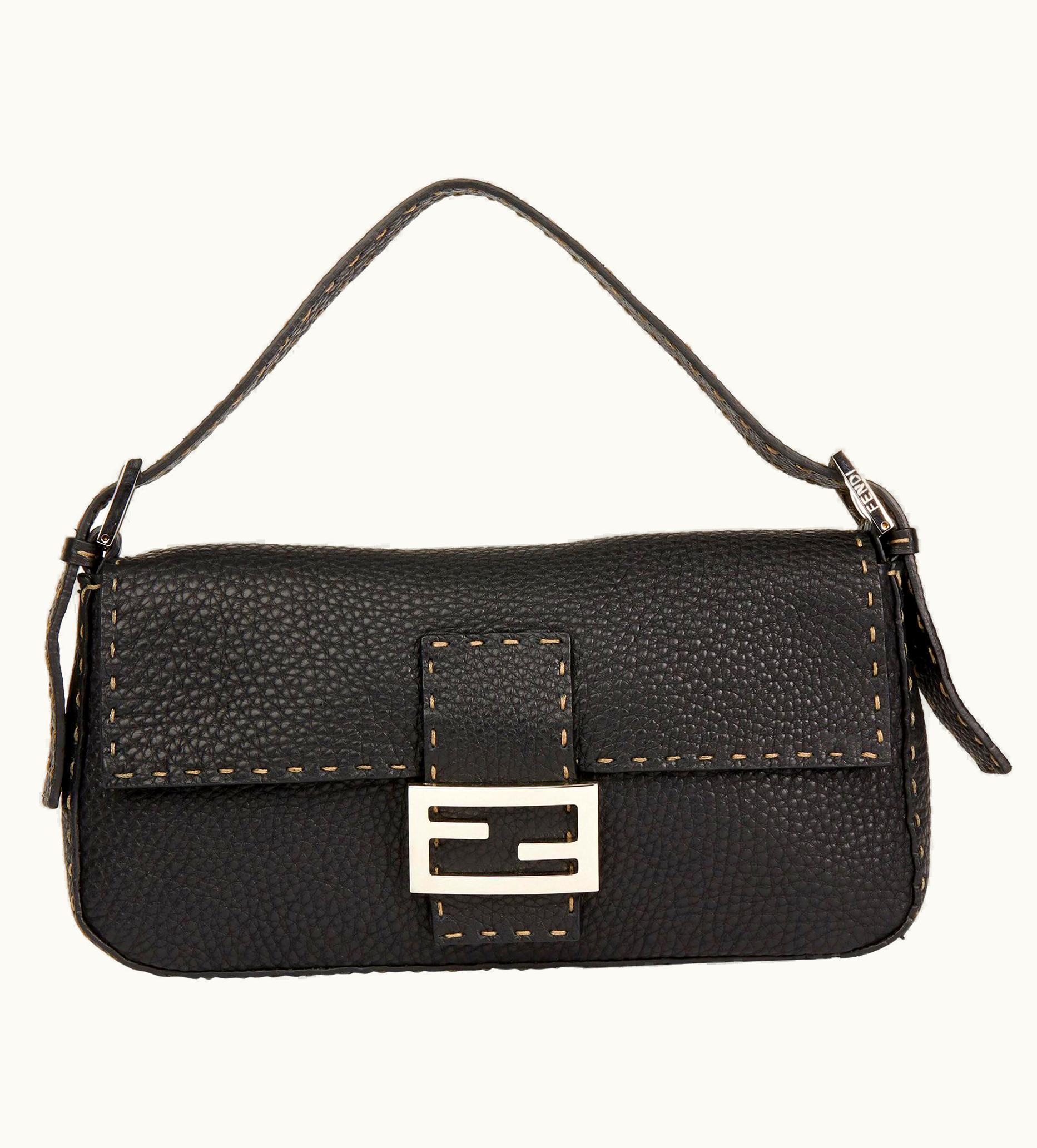Fendi 2010' Fendi Black Grained Calfskin Leather Selleria Baguette