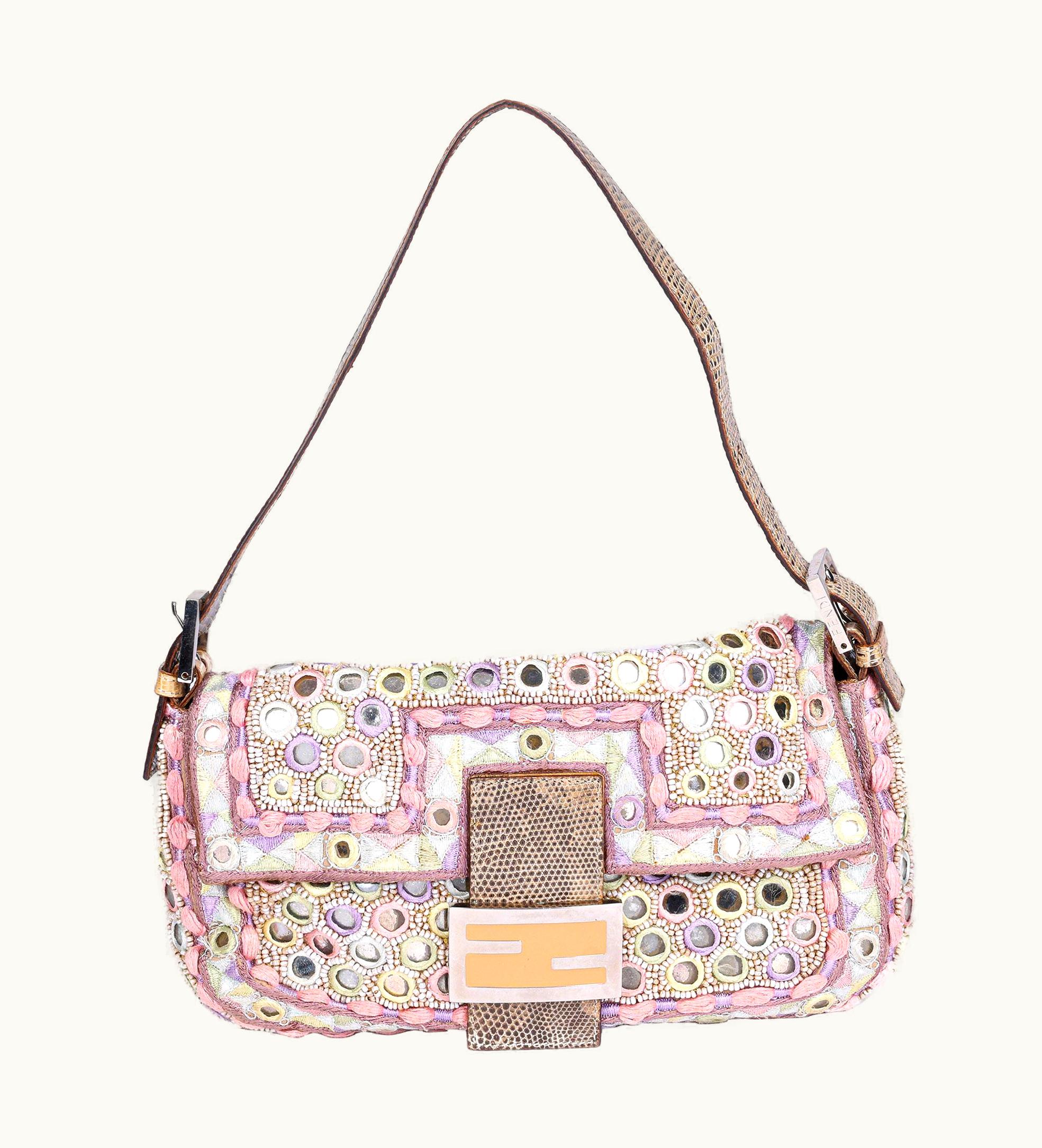 Fendi 2010 Fendi Multicolour Antique Mirror & Natural Lizard Leather Baguette
