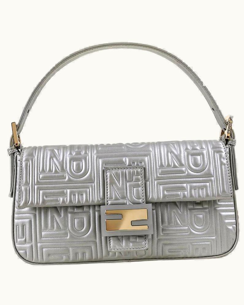 Fendi Fendi S/S 2010 Silver Gray Signature Logo Embossed Leather Baguette Purse