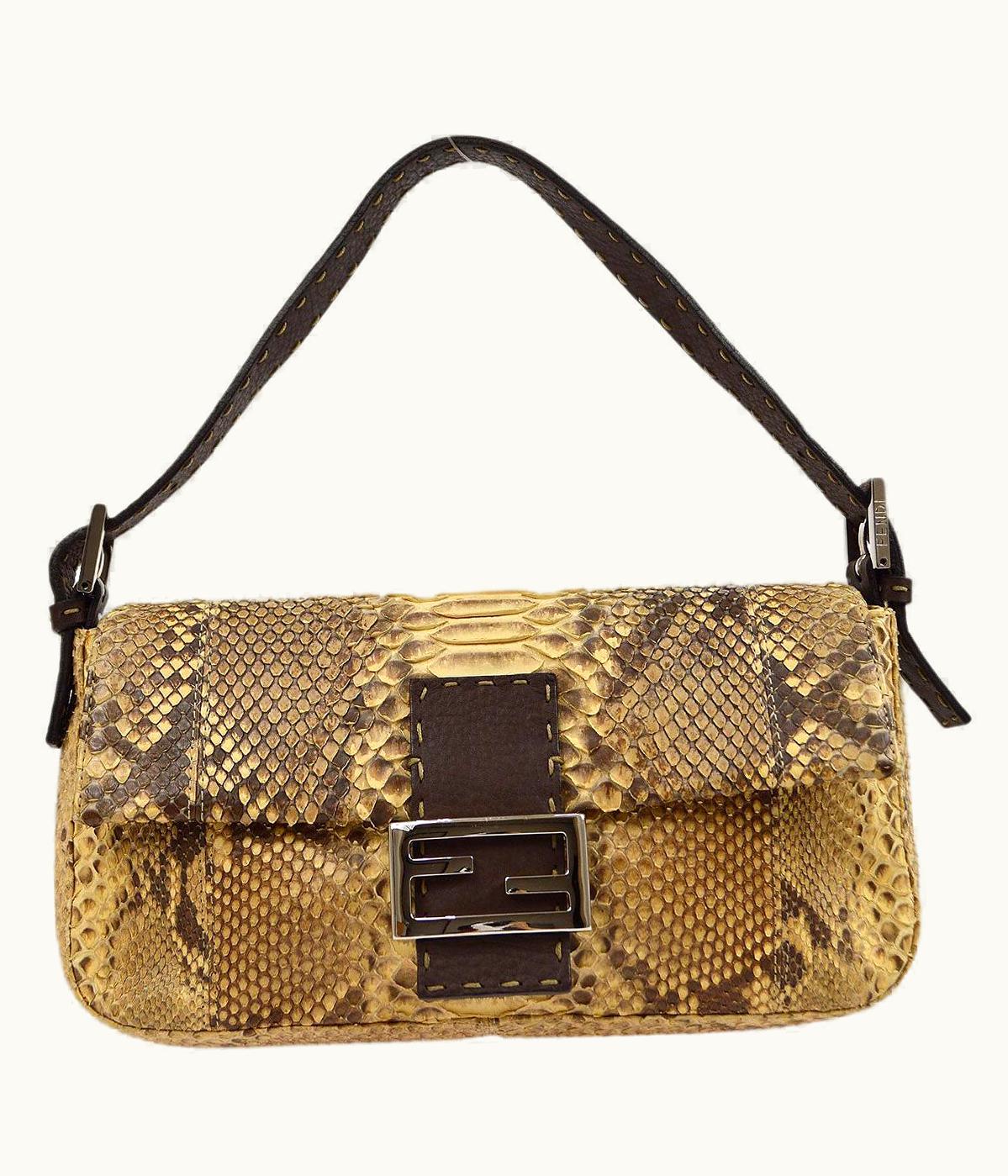 Fendi Fendi Baguette Silver Logo Brown Black Nude Python Exotic Leather Shoulder Bag