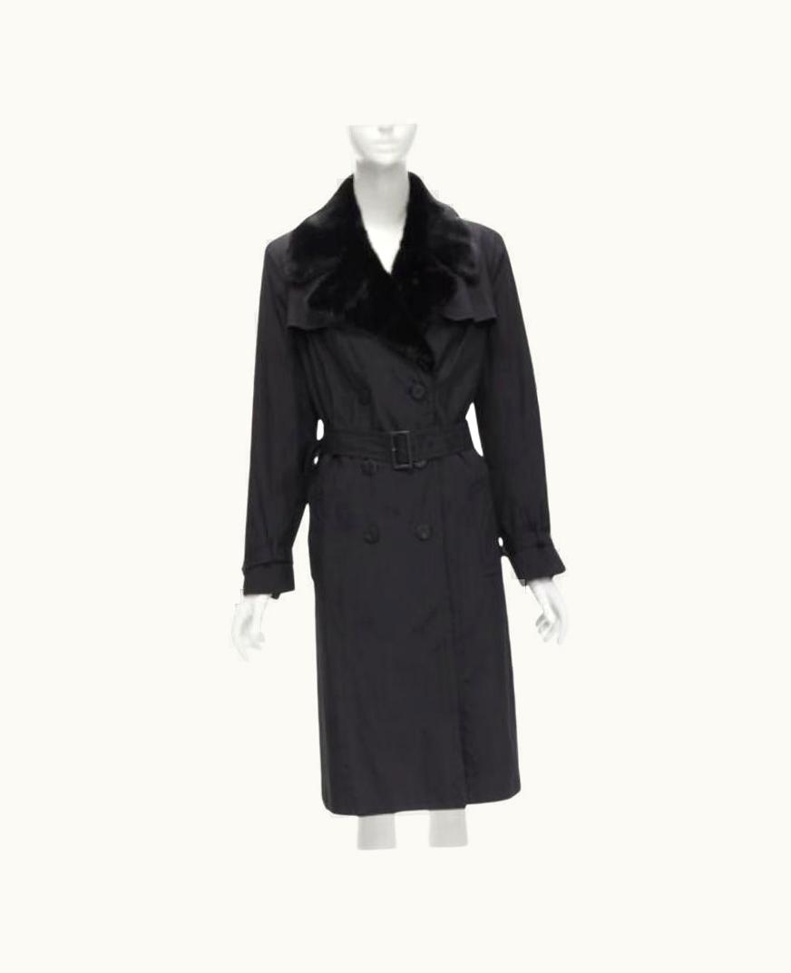 Fendi Fendi Black Fur Collar Topstitch Detail Silk Belted Trench Coat Jacket