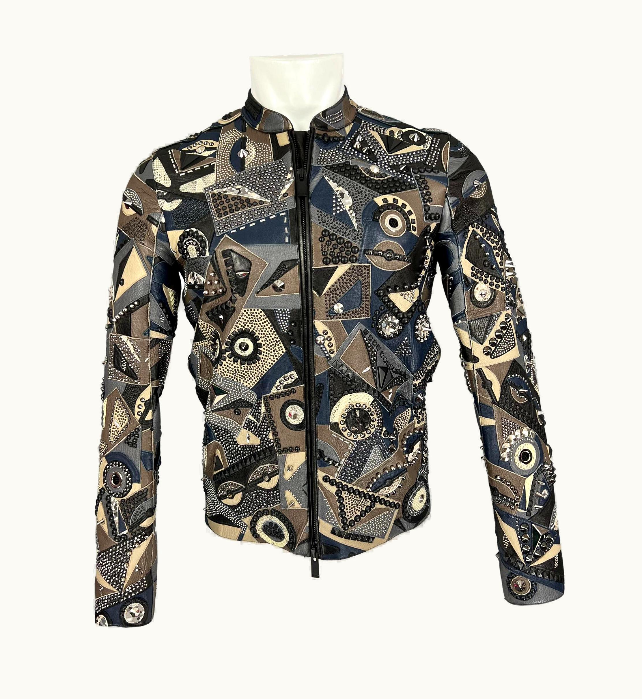 Fendi Fendi Spring 2016 Grey Blue Lamb Deer Leather Snakeskin Studded Jacket