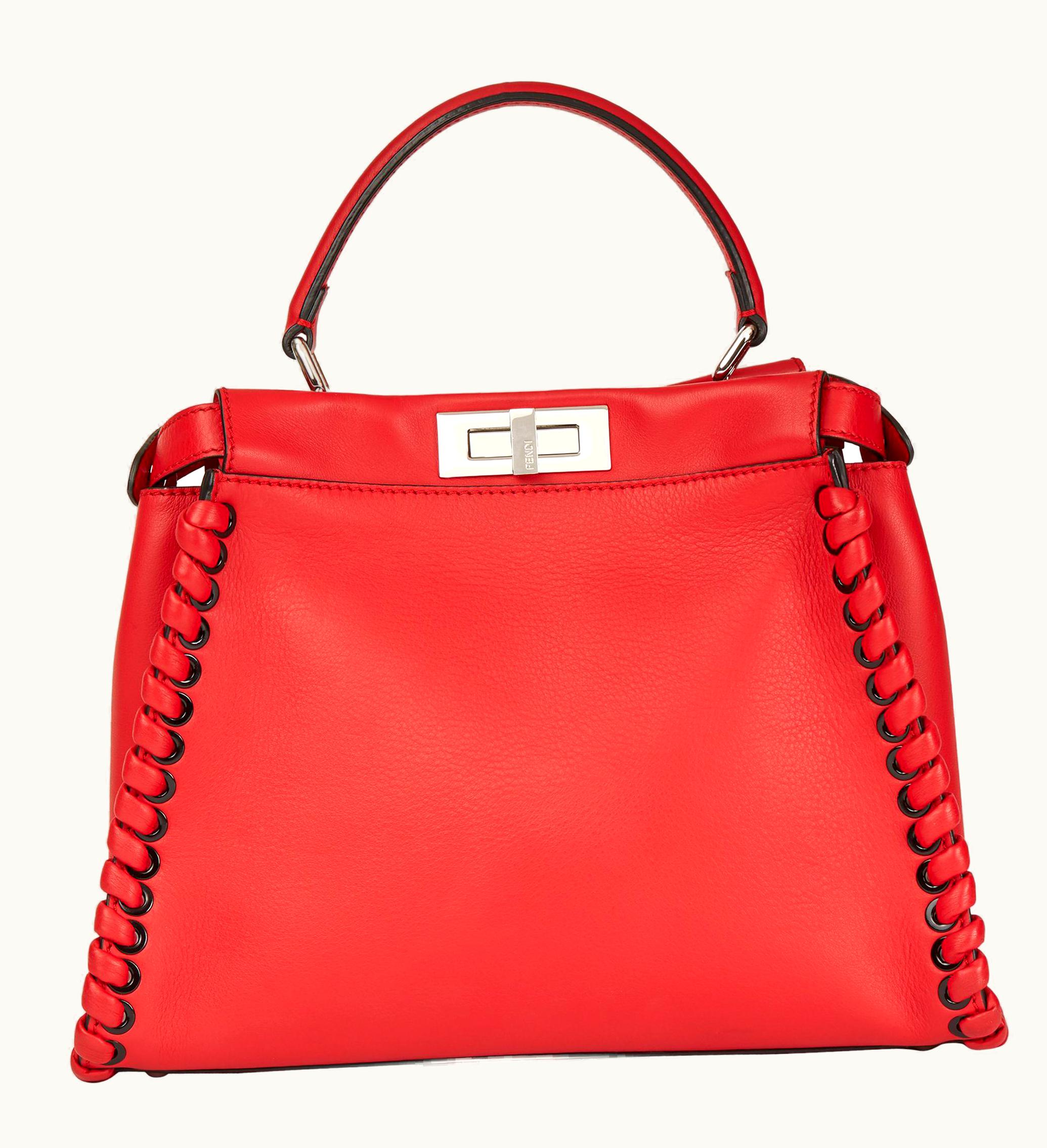Fendi 2017 Fendi Red Smooth Calfskin Leather Whipstitch Regular Peekaboo