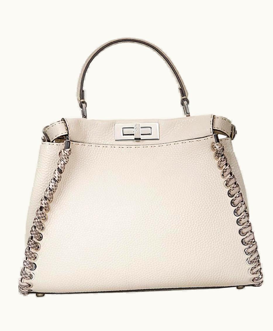 Fendi 2017 Fendi Milk-White Roman Calfskin Leather Snakeskin Weave Regular Peekaboo