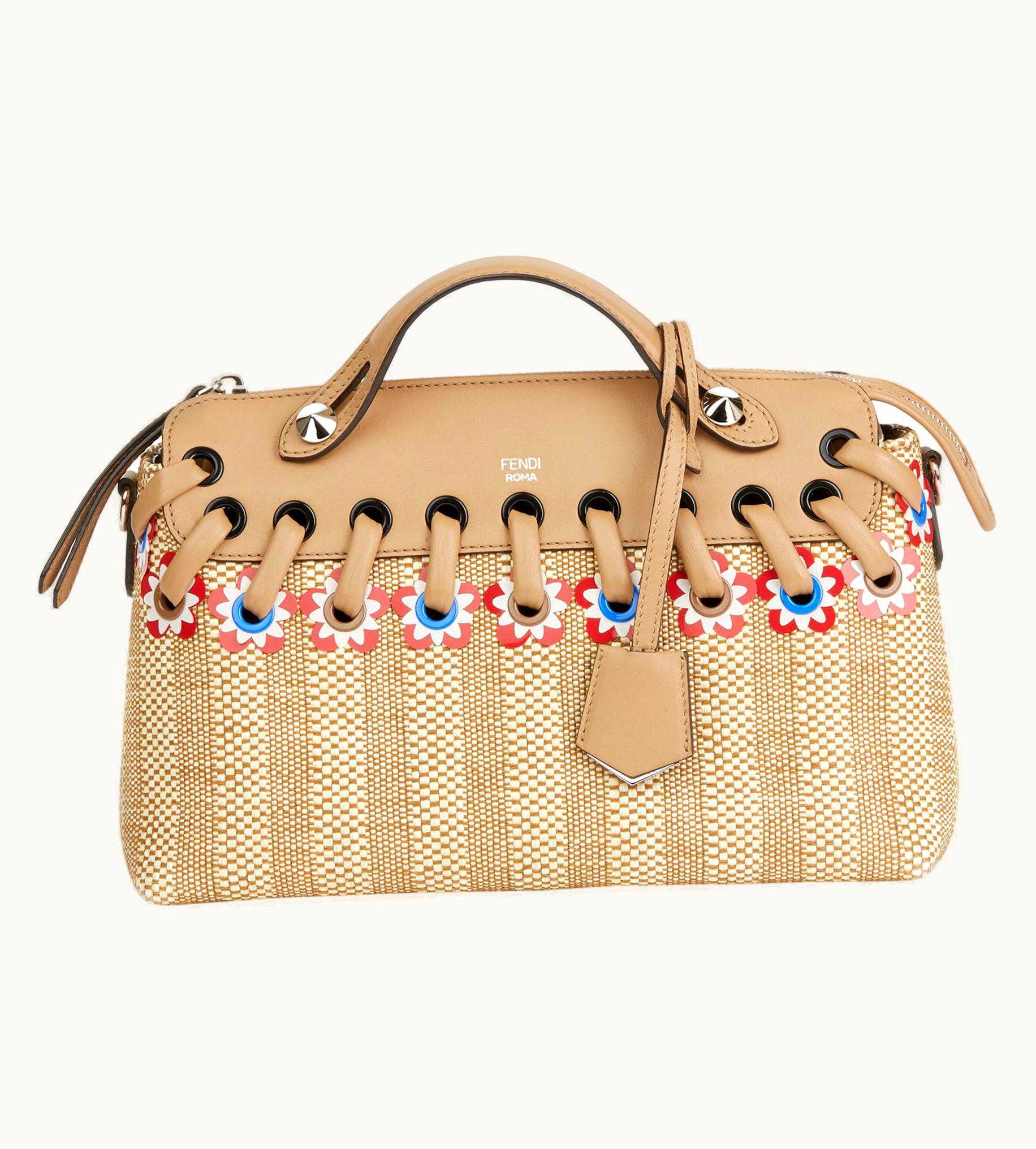 Fendi Fendi 2018 Tan Calfskin Leather & Raffia Flowers Medium By The Way
