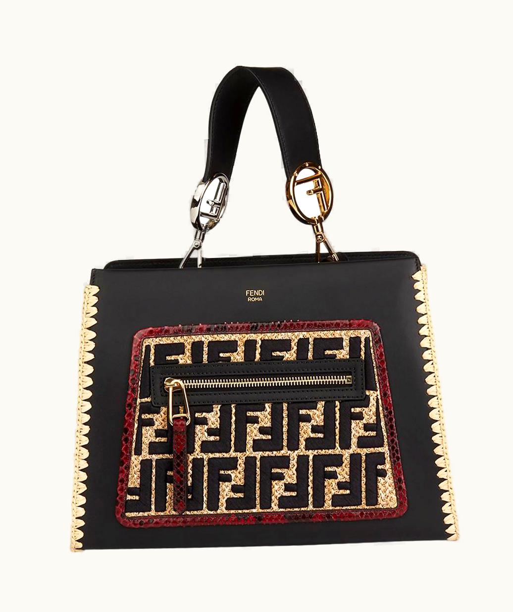 Fendi 2018 Fendi Black Calfskin Leather, Embroidered Raffia & Red Python Leather Small