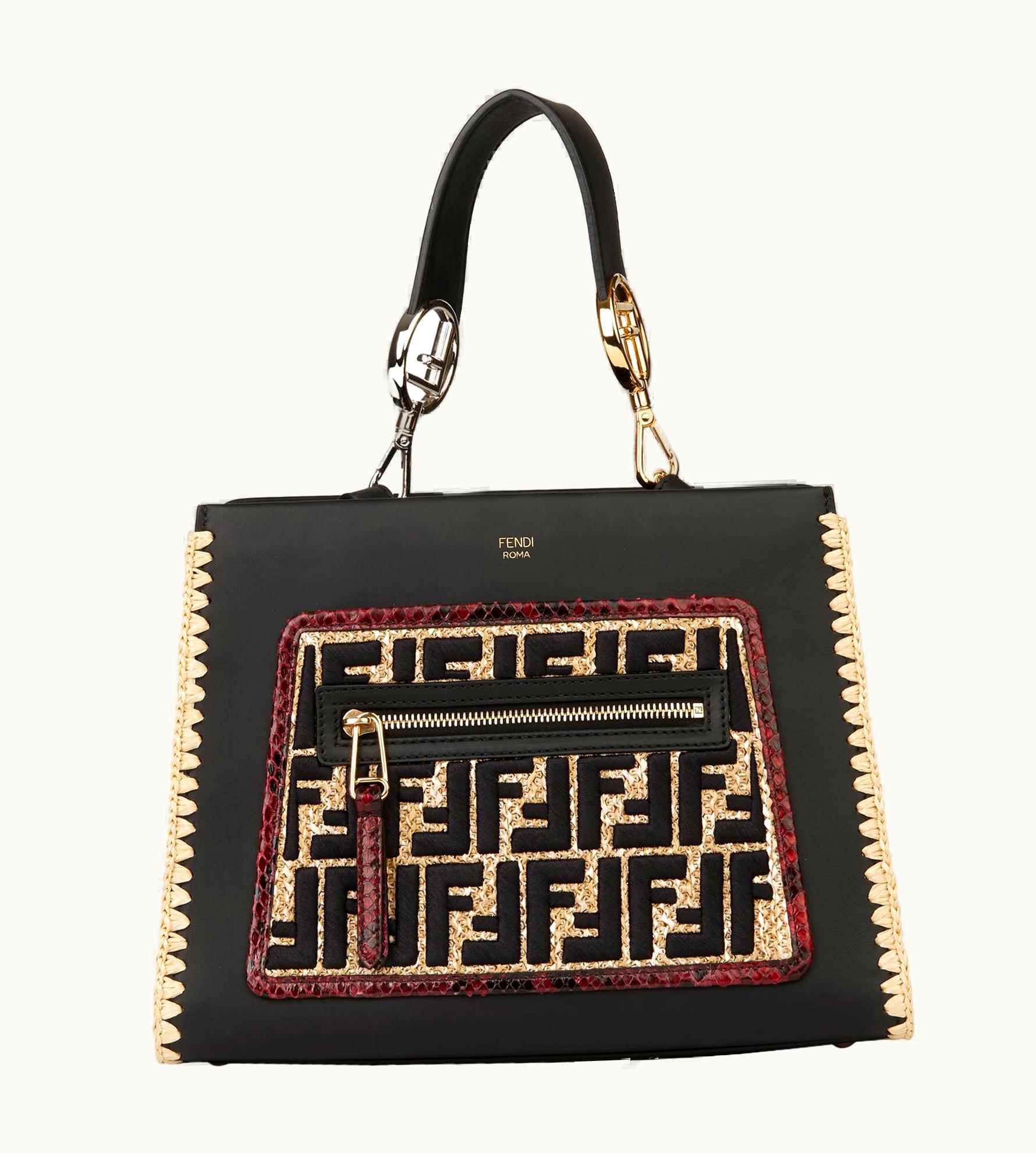 Fendi 2018 Fendi Black Calfskin Leather, Raffia & Red Python Leather Small Runaway