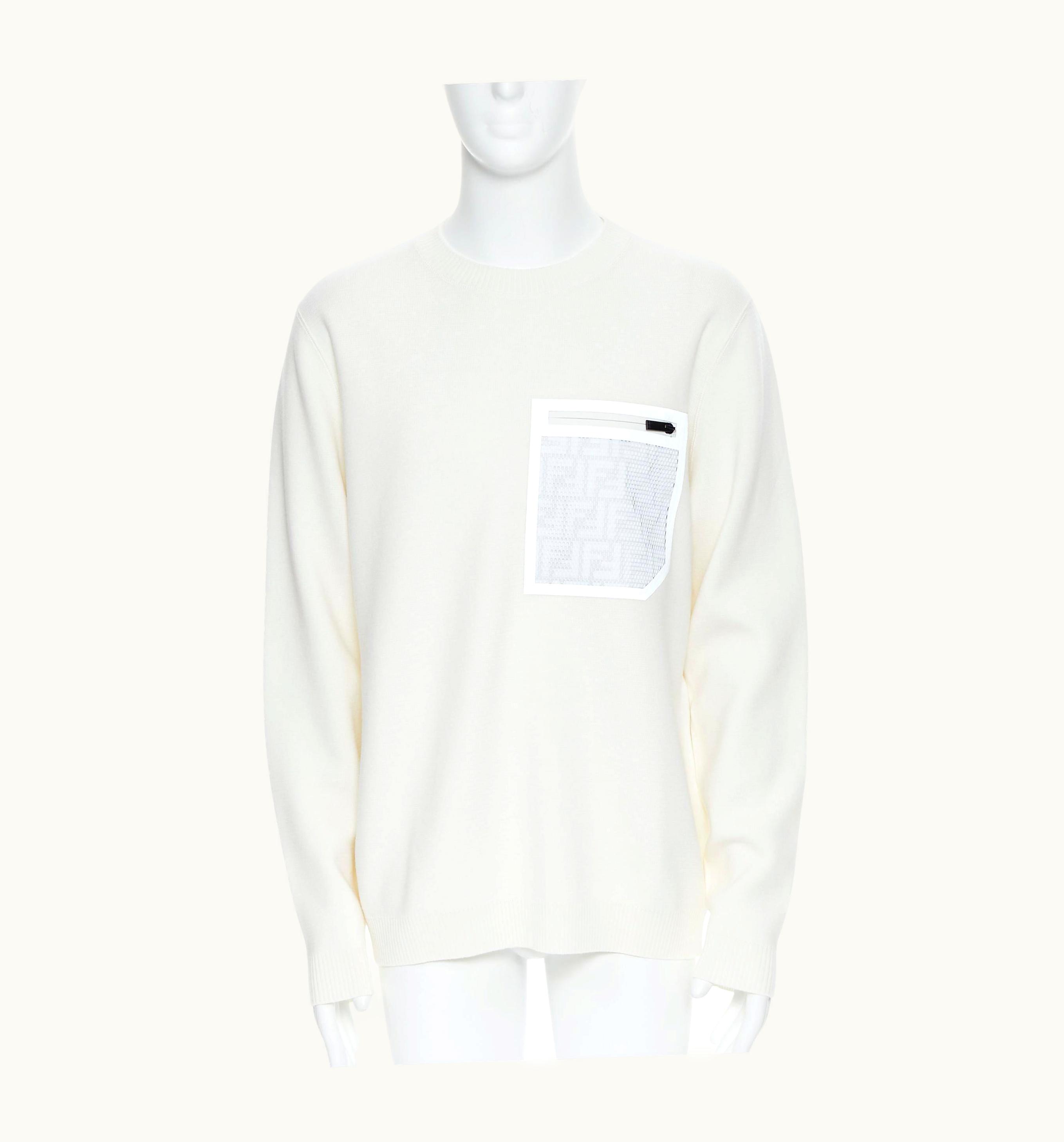 Fendi Fendi 2019 White Wool Ff Zucca Monogram Pocket Pullover Sweater