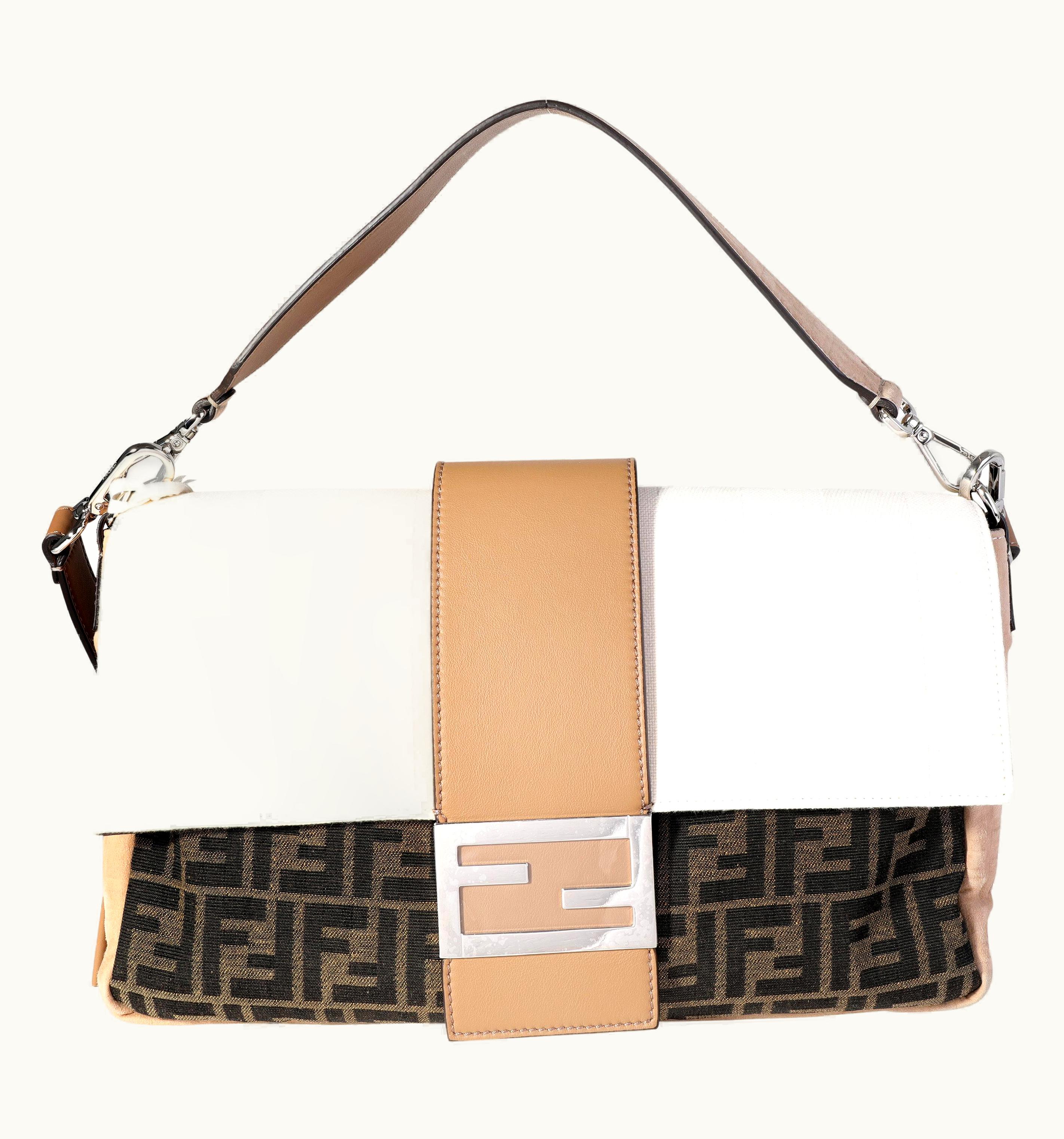 Fendi Fendi Tabacco Brown & Creme Zucca And Pequin Canvas & Suede Convertible Baguette