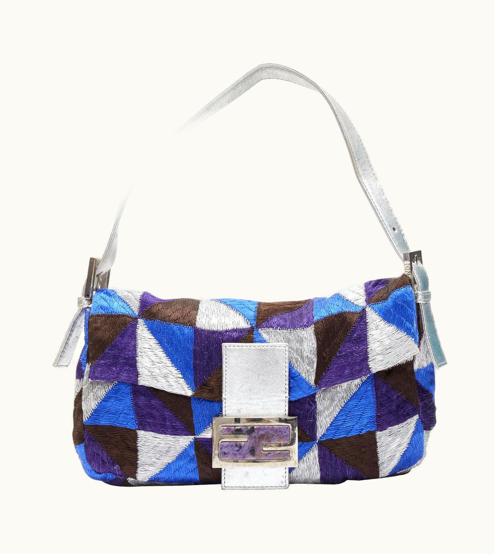 Fendi Fendi Baguette Blue Silver Embroidery Patchwork Ff Purple Stone Buckle Bag