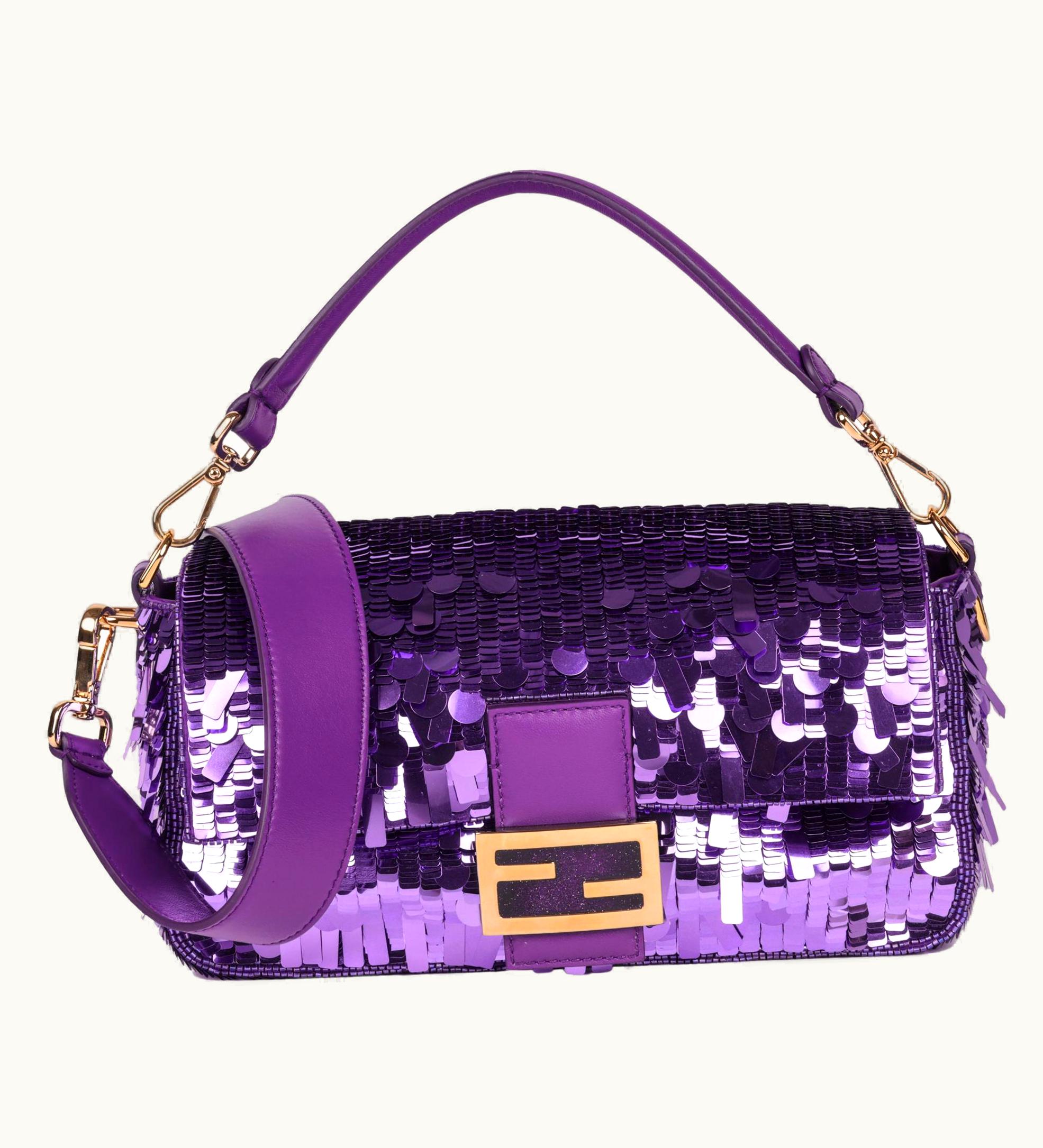 Fendi Fendi Purple Embellished Sequin & Purple Calfskin Leather Baguette
