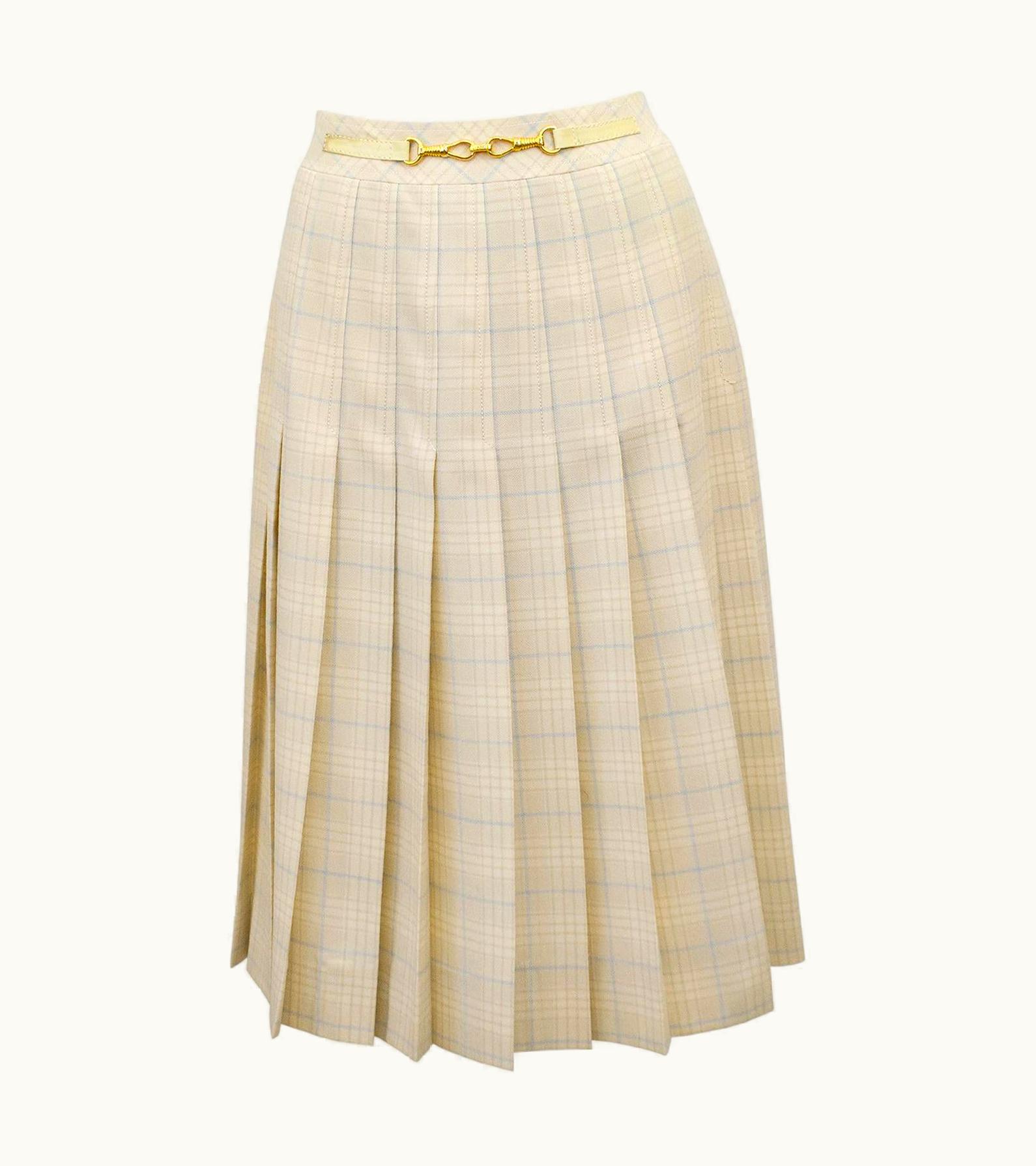Celine 1970s Classic Celine Cream And Blue Tartan Pleated Skirt