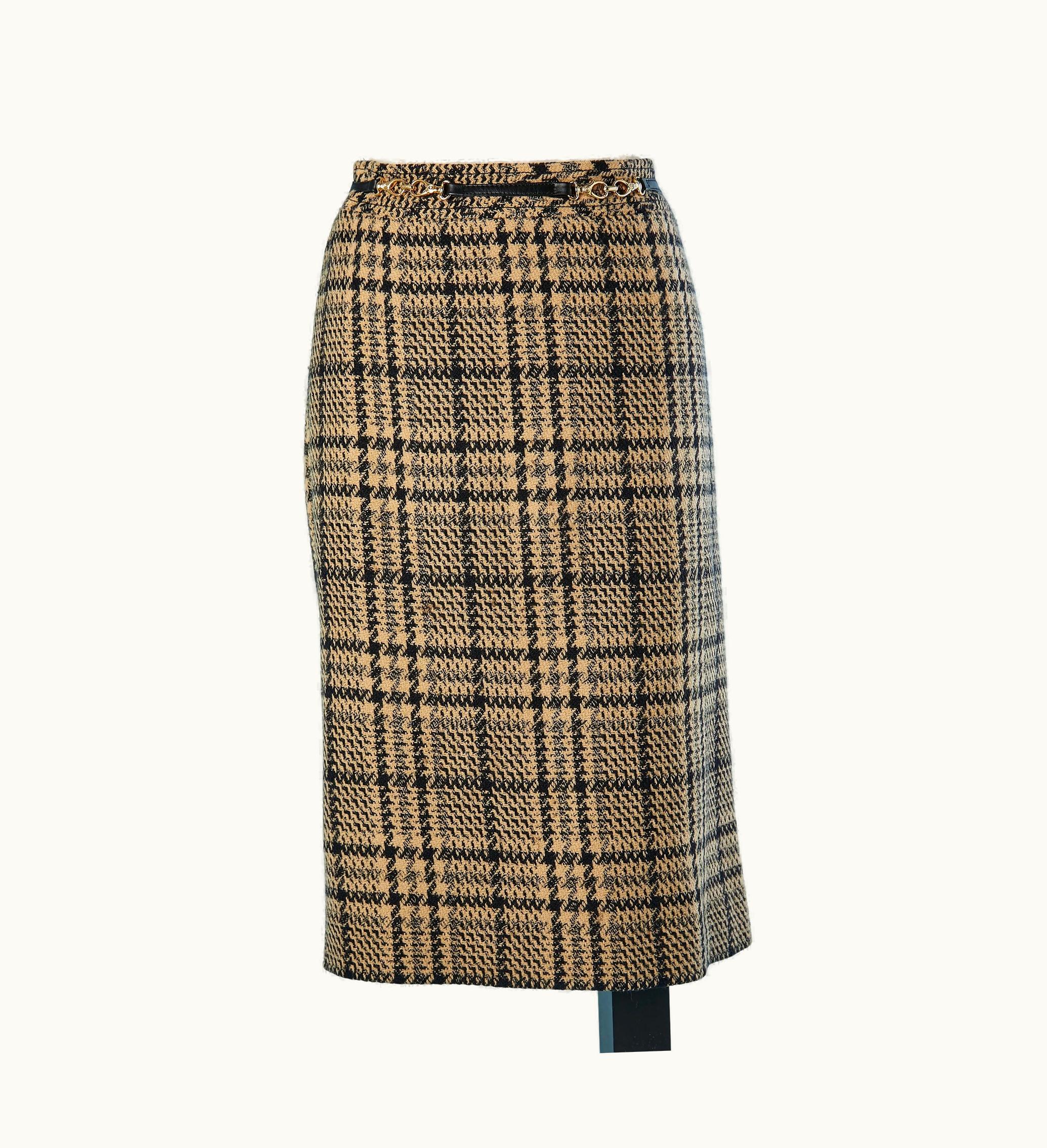 Celine Tweed Skirt With Gold Metal Buckle In The Front Céline Circa 1970'