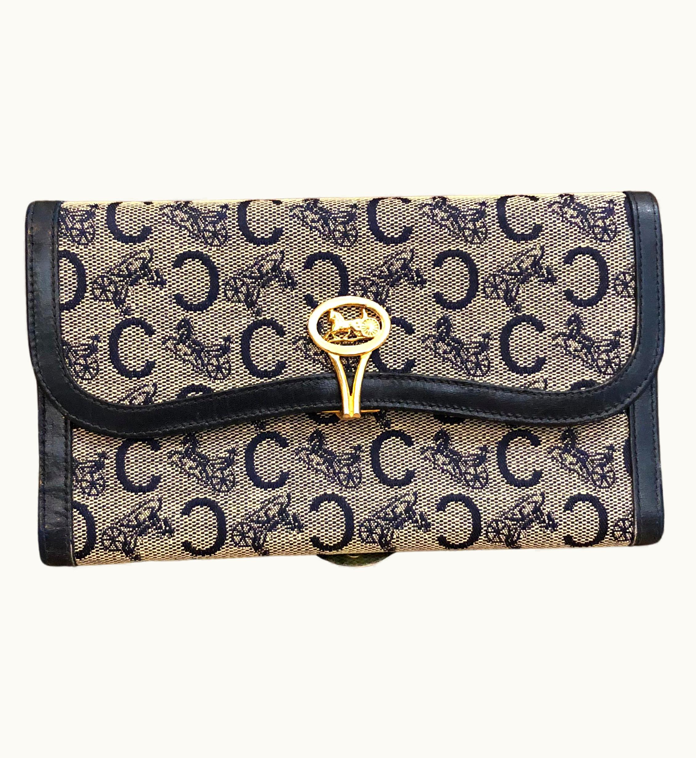 Celine Vintage Celine Monogram Jacquard Tri-Fold Long Wallet Navy