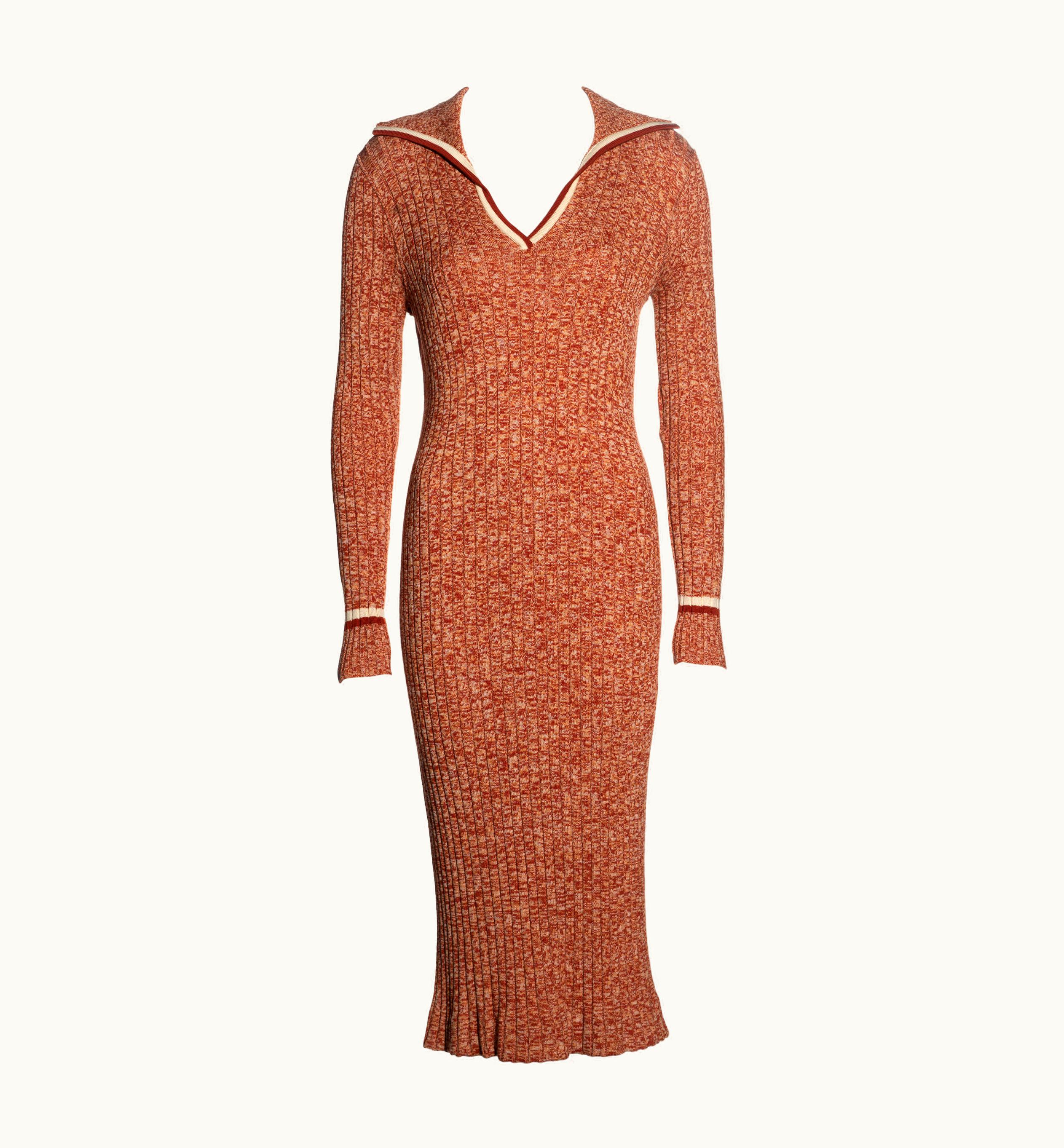 Celine Celine Orange Ribbed Knit Pure Wool Sailor Collar Dress, C 1970