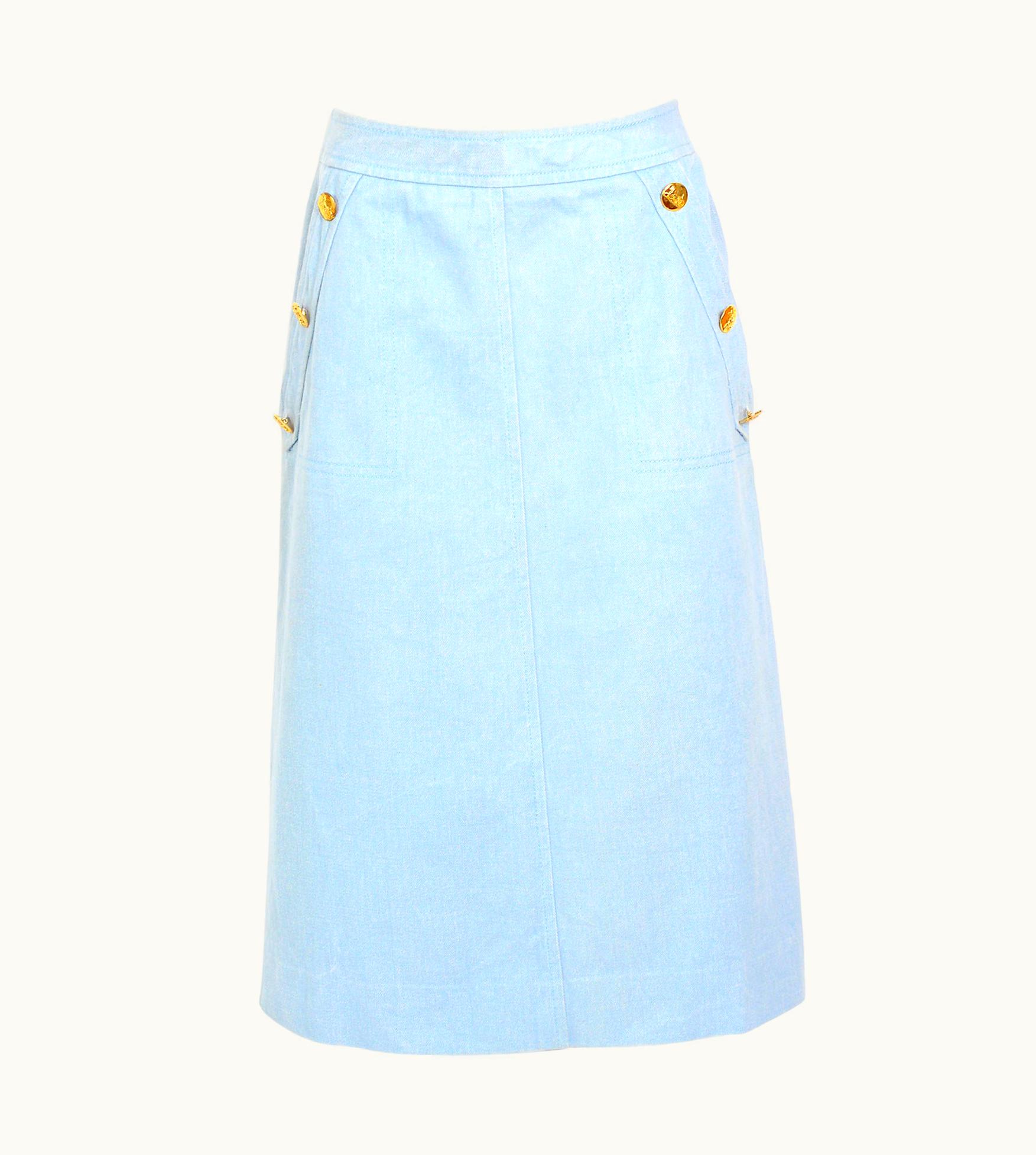 Celine Celine 1970s Vintage Gold Logo Buttons Denim A-Line Midi Skirt