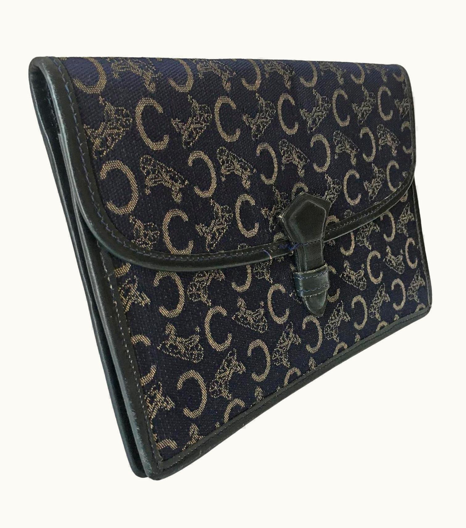 Celine Caline Navy Monogram Clutch Purse Canvas Bag 1970s