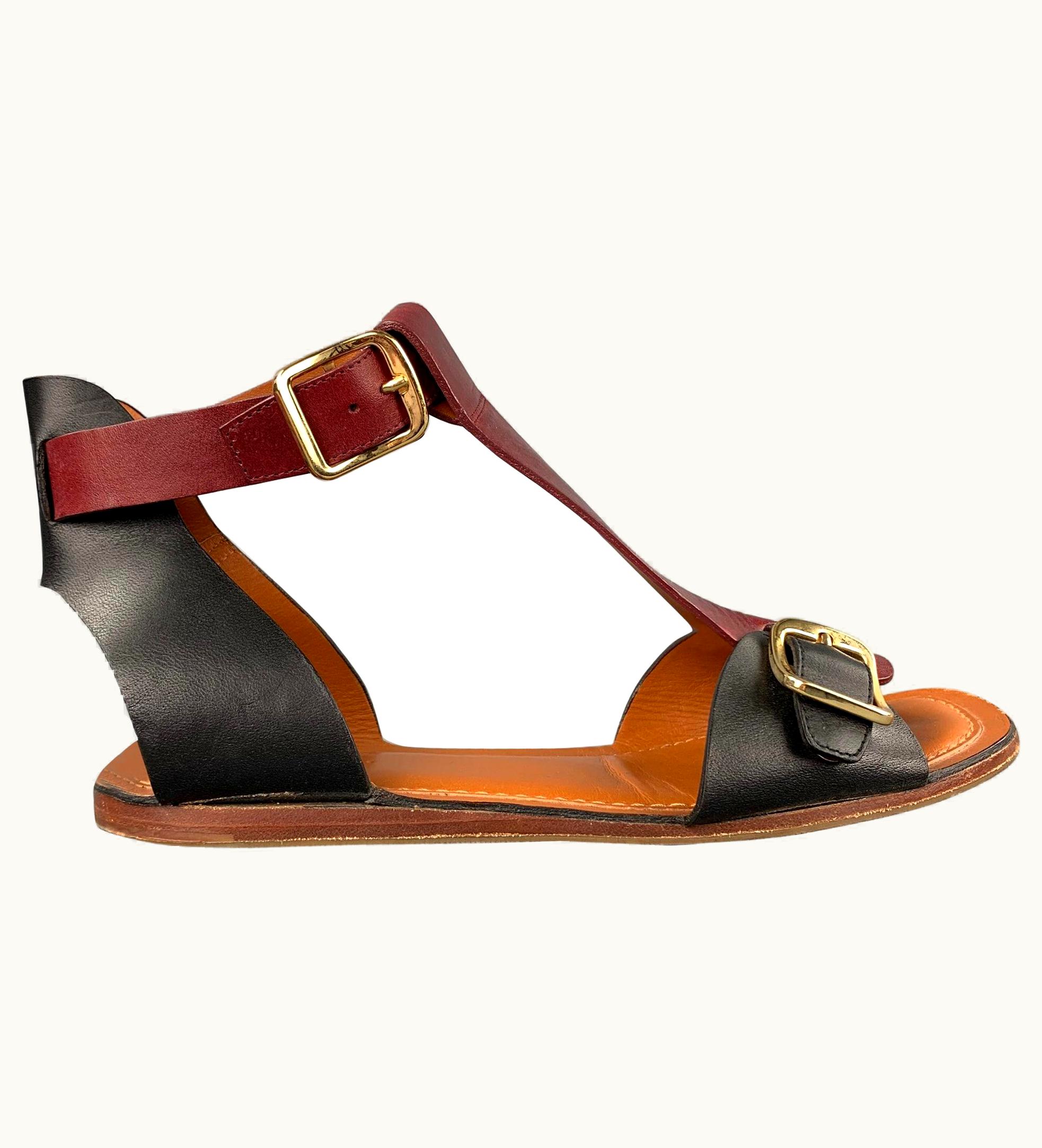 Celine Celine Burgundy & Black Leather Gladiator Sandals