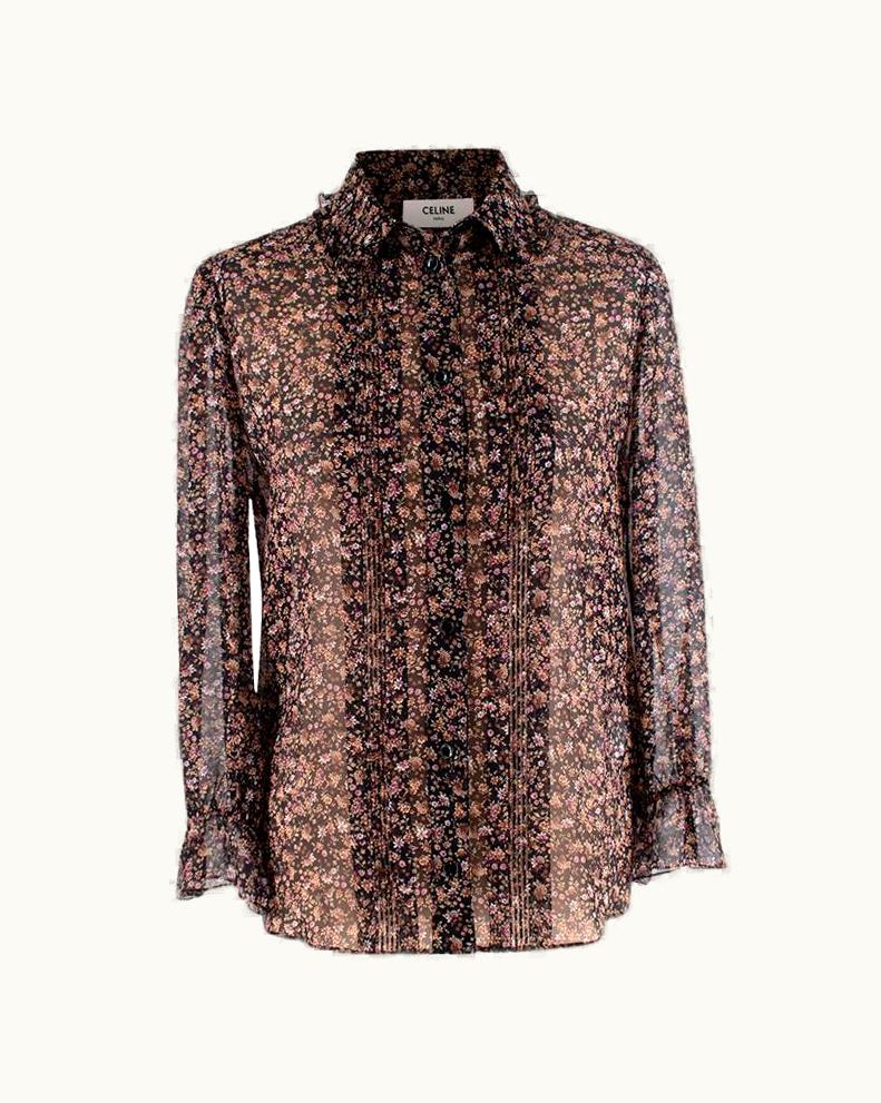 Celine Black Silk Chiffon Ditzy Floral Print Blouse