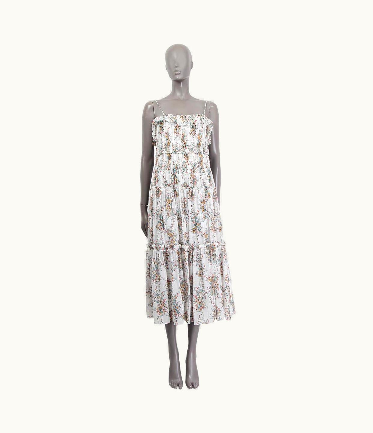 Celine White Silk Floral Tiered Midi Dress